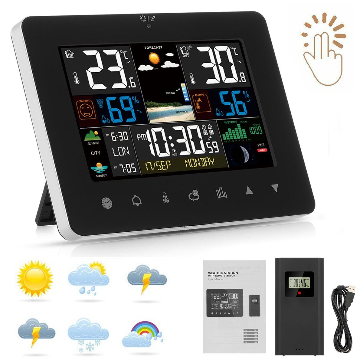oyajia LED Wetterstation mit mit Wetterstation Funk-Außensensor, Kalender Thermometer Farbdisplay) Hygrometer (Kalender