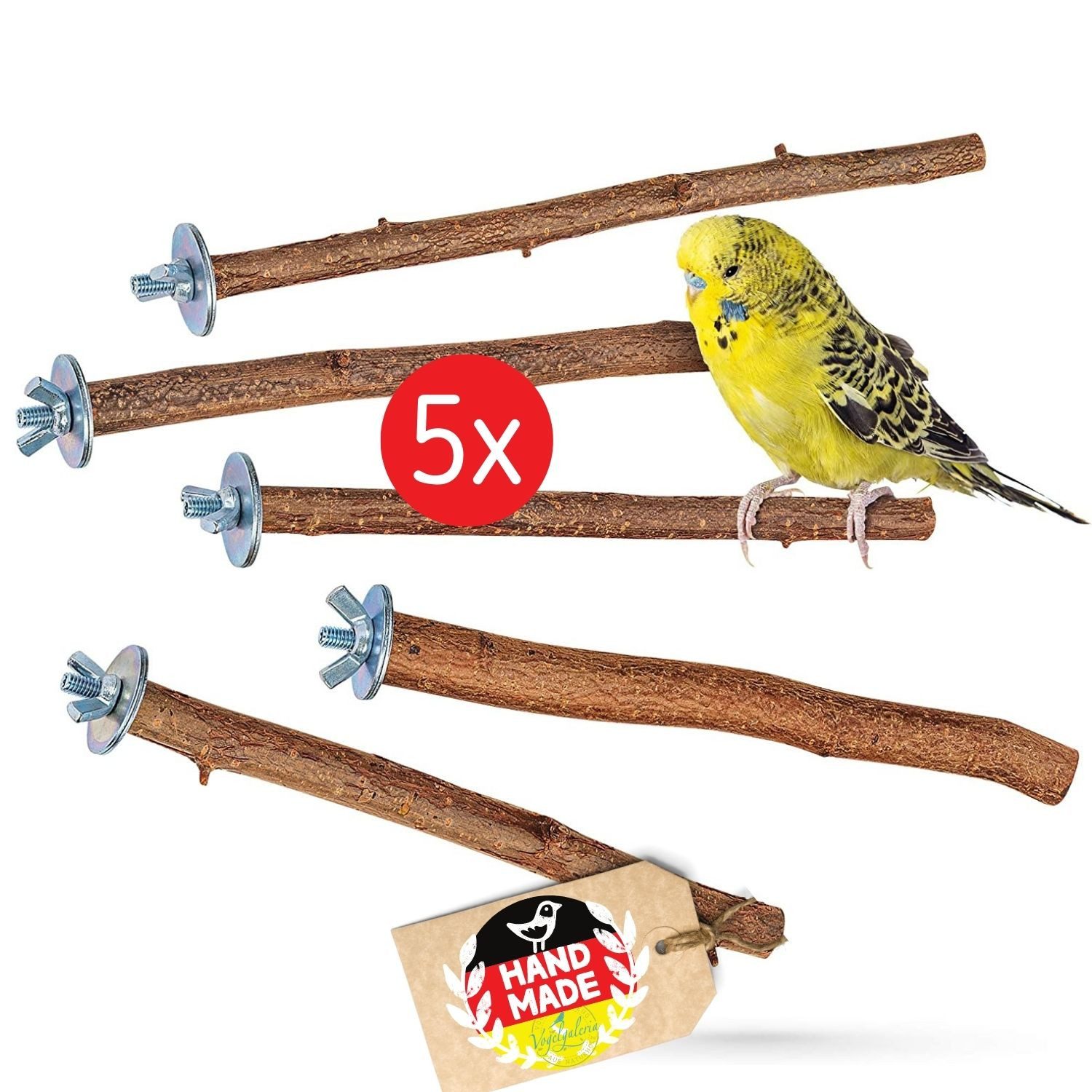 Vogelgaleria Vogelspielplatz 5 Naturholz Sitzstangen für Wellensittich, Nymphensittich Vogelzubehör, Handverlesene Naturäste mit unterschiedlichen Stärken und Wippeffekt von Vogelgaleria