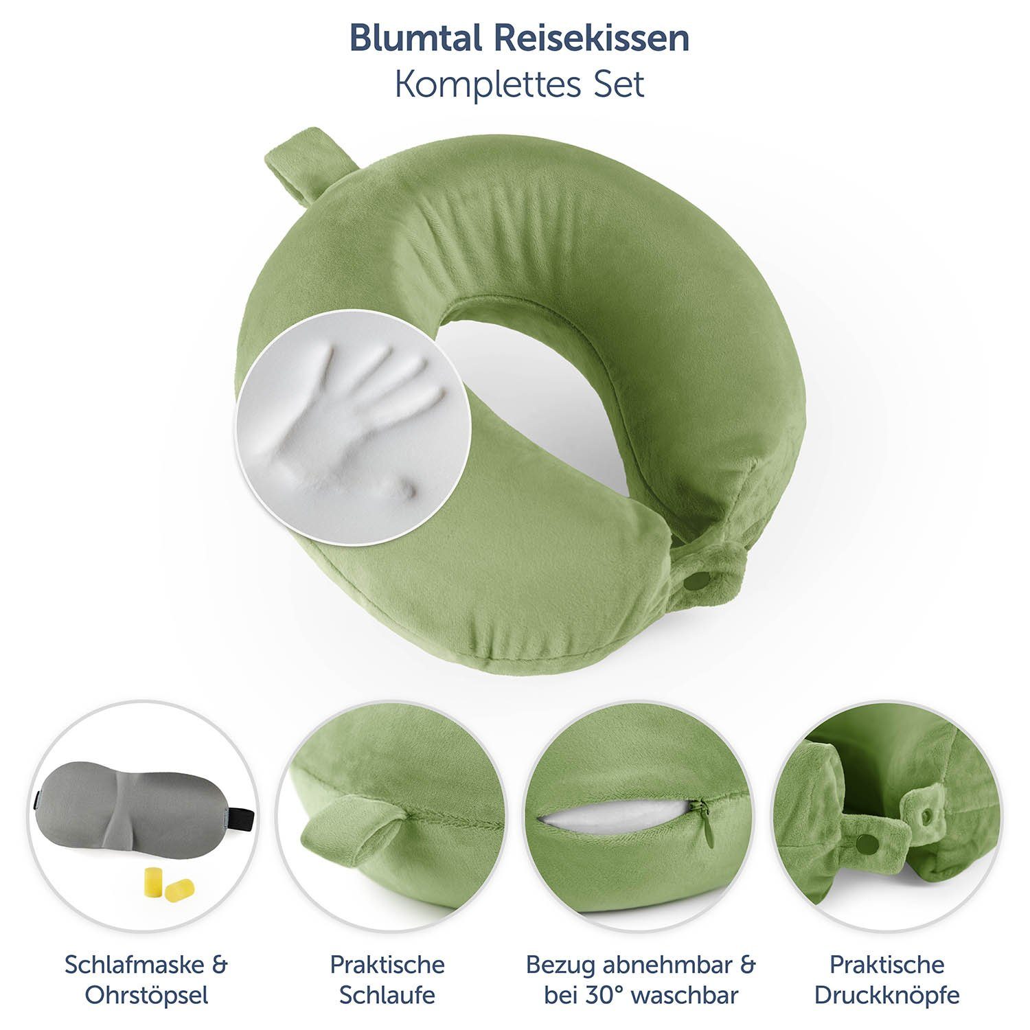 Flugzeug, Essentials Blumtal Zug, Blumtal für Ohrstöpsel - Travel Auto, oder inkl. Nackenkissen Foam Grün Nackenhörnchen - Schlafmaske Reisekissen waschbarem Reisekissen Bezug, Camping mit Zuhause, Memory &