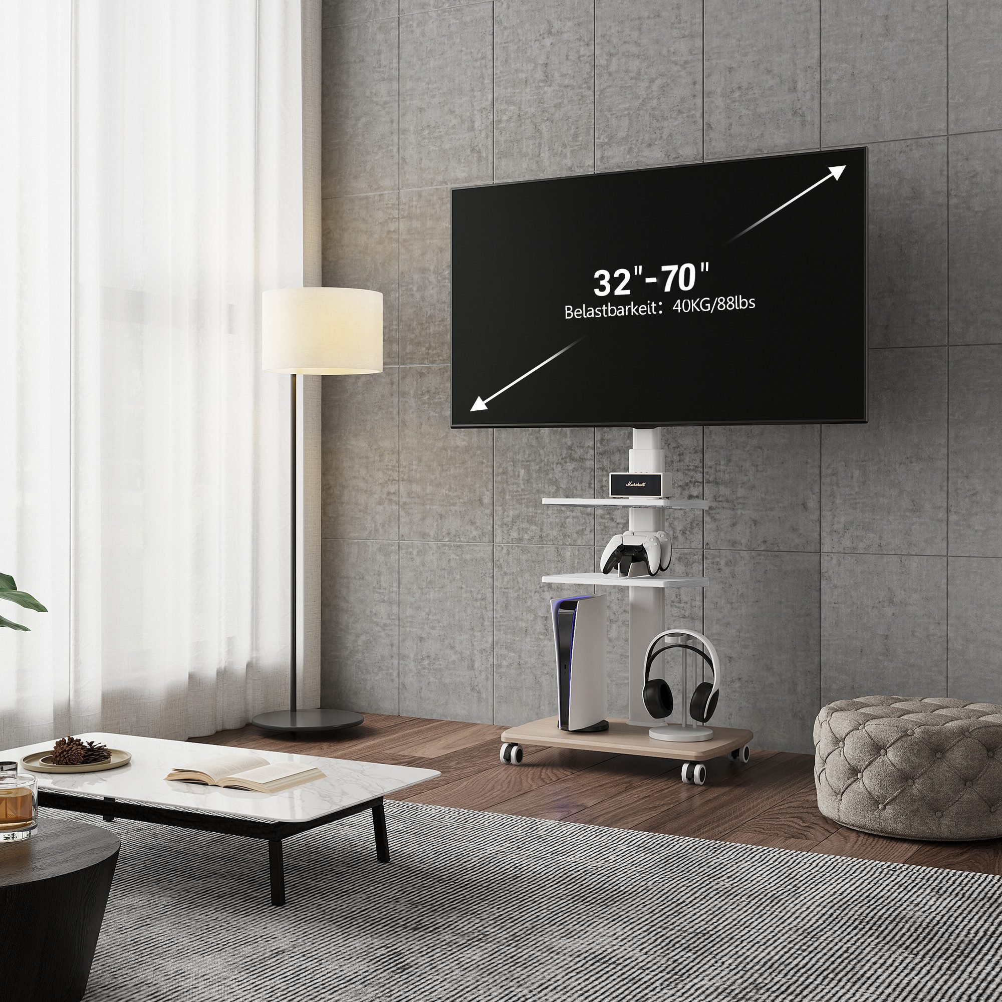 FITUEYES TV-Ständer TV-Rollwagen mit Rädern, Ablagen, 32-70 Zoll, (bis 70,00 Zoll, ±30° schwenkbar, höhenverstellbar, Holzbasis)