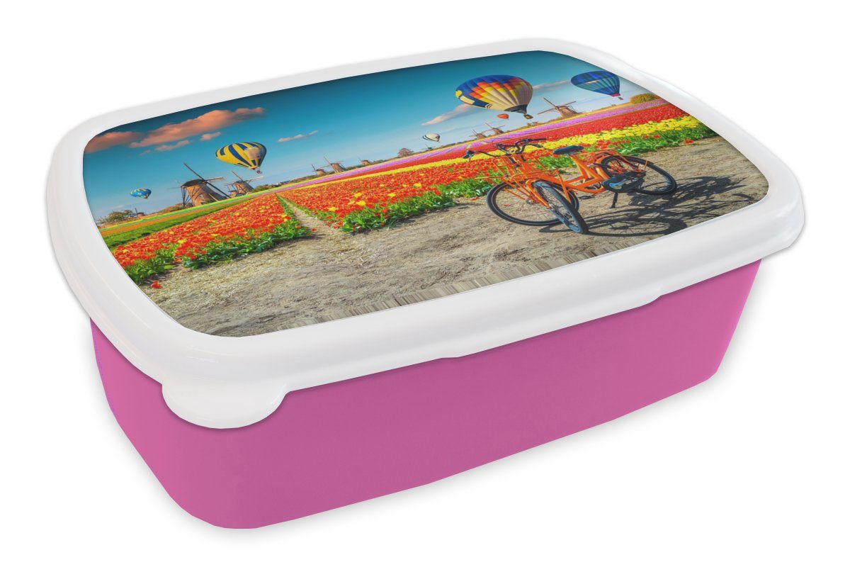 MuchoWow Lunchbox Heißluftballon Erwachsene, Kunststoff rosa Brotbox Mädchen, Brotdose Tulpen, Orange Kunststoff, für Kinder, - (2-tlg), Snackbox, 