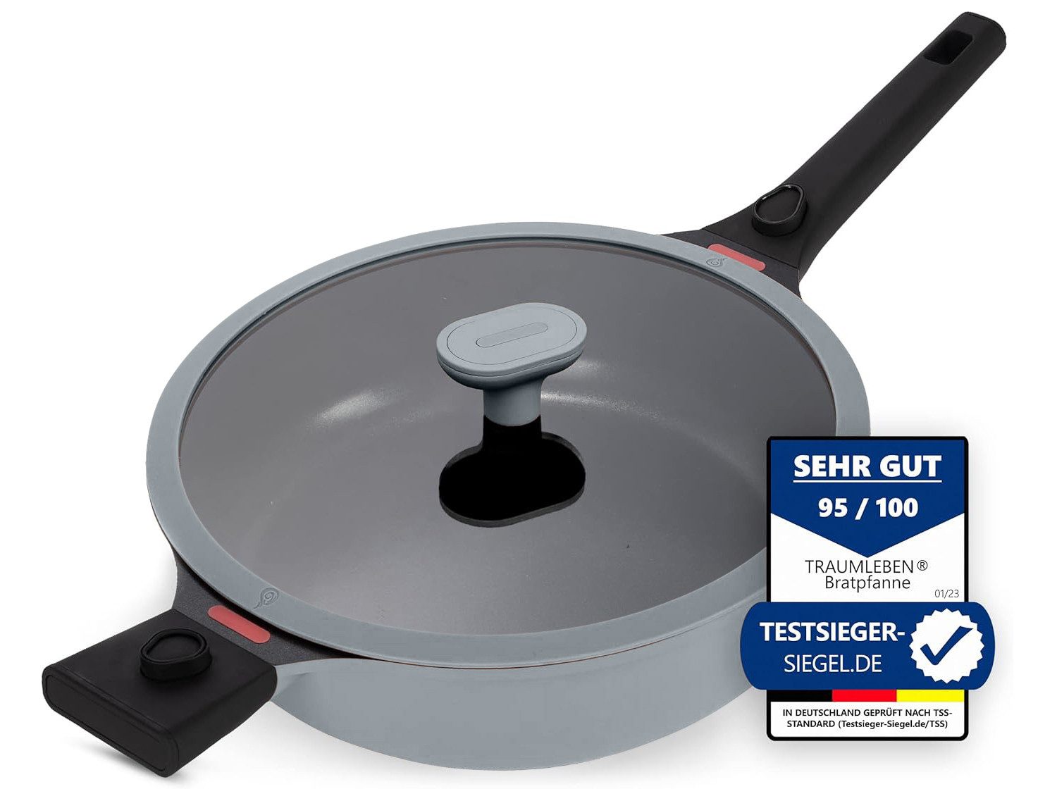 TRAUMLEBEN Bratpfanne 28cm, mit Deckel, abnehmbaren Griffen, Induktion, backofenfest, aus Aluminium, Beschichtete Pfanne, hoher Rand