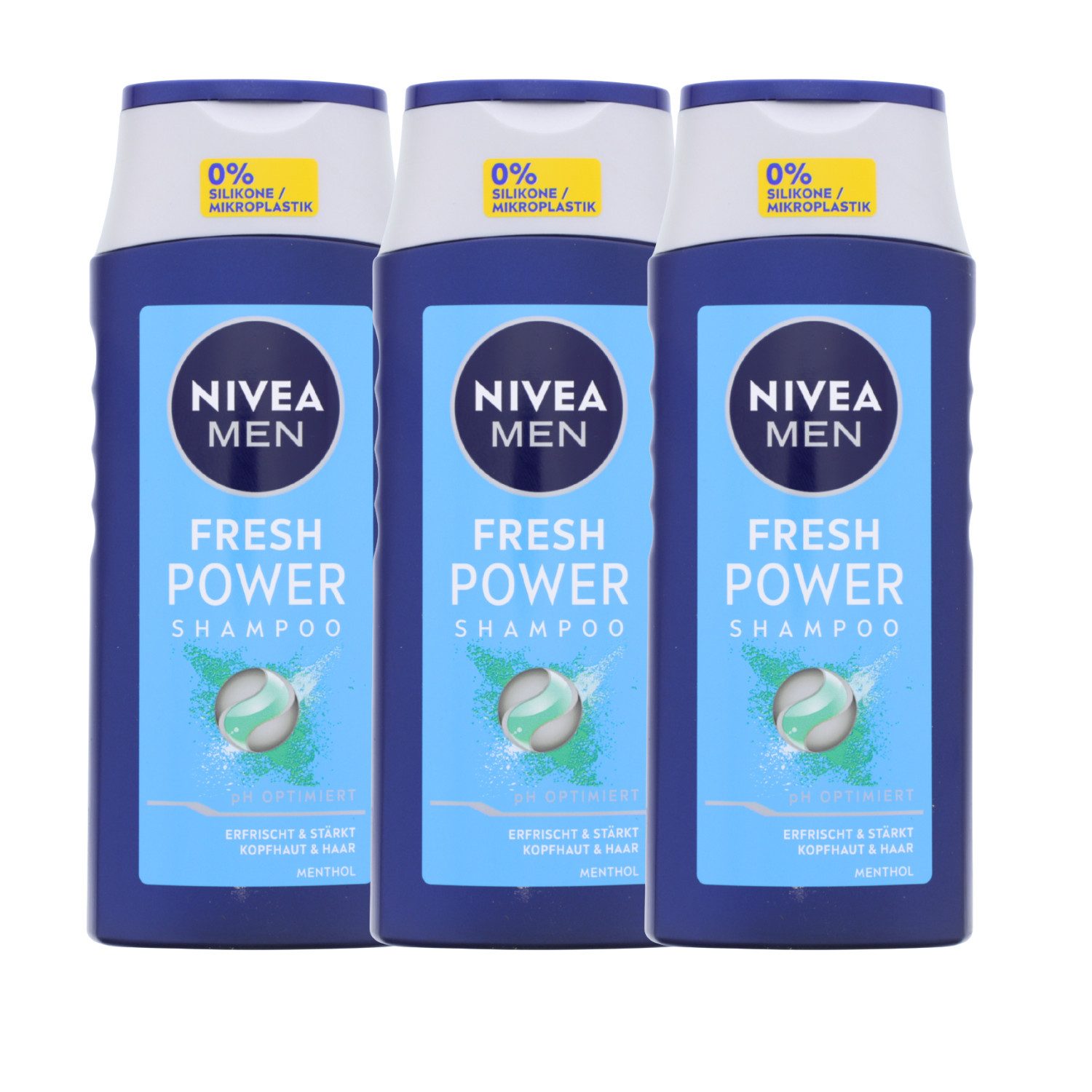 Nivea Haarshampoo 3 x NIVEA MEN Fresh Power Shampoo je 250ml pH-optimiert mit Menthol Er