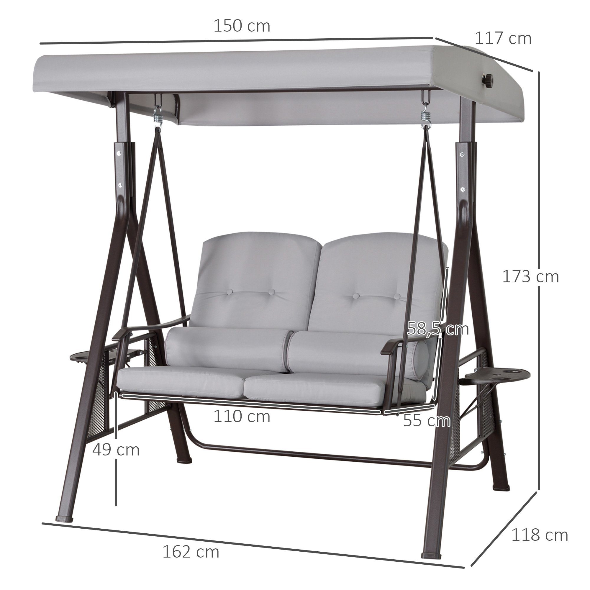 Outsunny Hollywoodschaukel mit Sonnendach, Kissen, 2-Sitzer, Mit 2 seitlichen Ablagen, Schaukel, 1 tlg., Gartenschaukel, inkl. Sonnendach