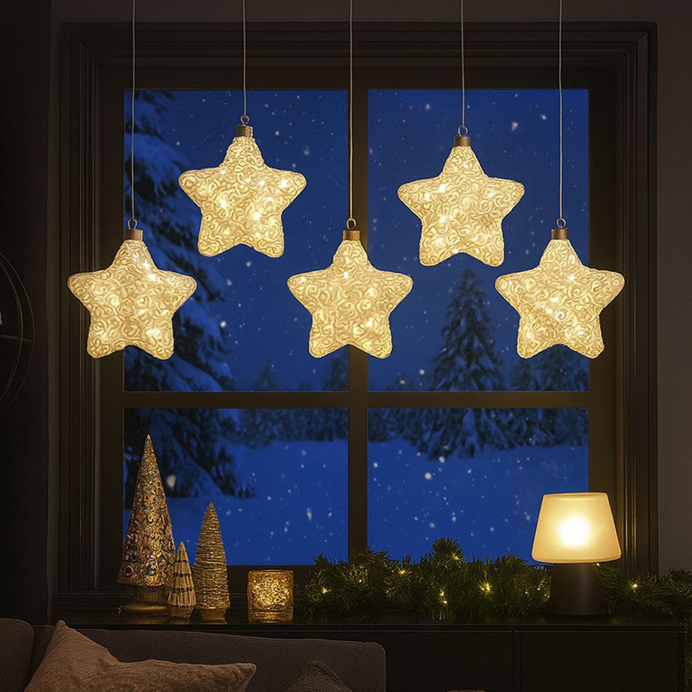 GLOBO LIGHTING LED Dekolicht, LED-Leuchtmittel fest verbaut, Hängelampe Stern Dekolampe Glas Weihnachtsdeko LED Baumschmuck 5er Set