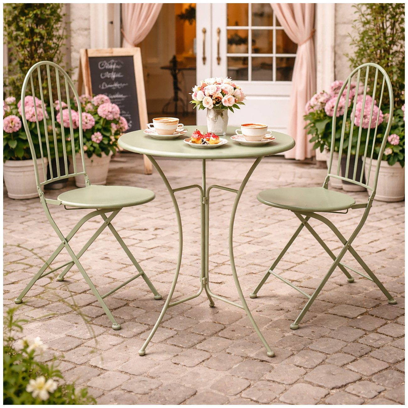 HTI-Living Garten-Essgruppe Bistro Set mit Tisch und 2 Stühlen Metall Ivy Grün für Balkon Terrasse, (Set, 3-tlg., 1 Tisch 2 Stühle), Sitzgruppe Essgruppe Balkonset