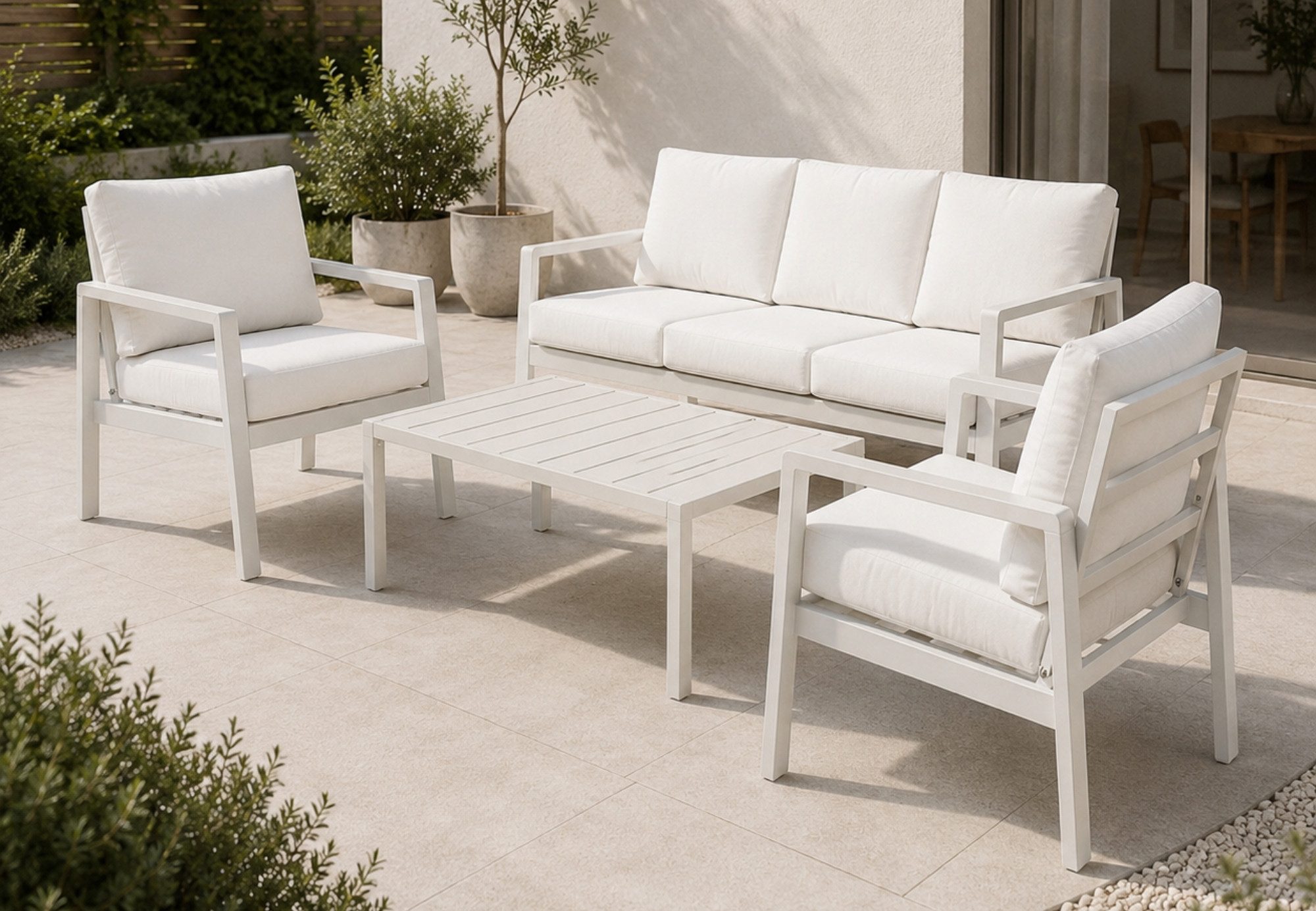Home Collective Gartenlounge-Set Balkonmöbel Lounge Möbel Outdoor Terrassenmöbel Sitzgruppe mit Sofa, (4-teiliges Set mit 1 3-Sitzer Sofa, 2 Stühlen und 1 Tisch, inkl. abziehbarer Kissen), pulverbeschichtetes Metallgestell, Tisch in moderner Lattenoptik,