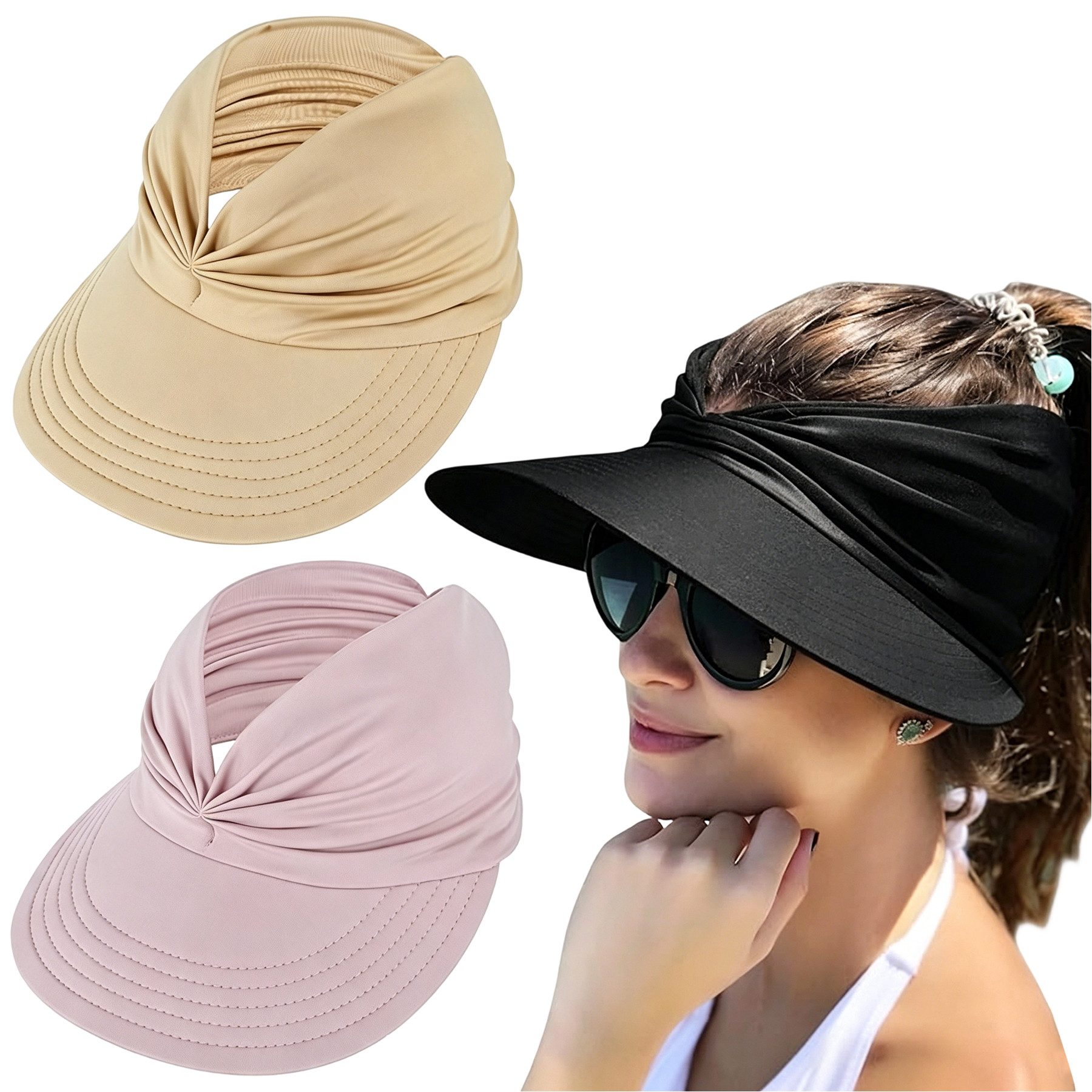 Mutig Strohhut 2 Stück Damen Sonnenhut Visor UPF 50+ mit breiter Krempe (faltbar verstellbar Sommerhut mit Pferdeschwanz Öffnung, UV Schutz Hut) für Strand, Outdoor und Wandern