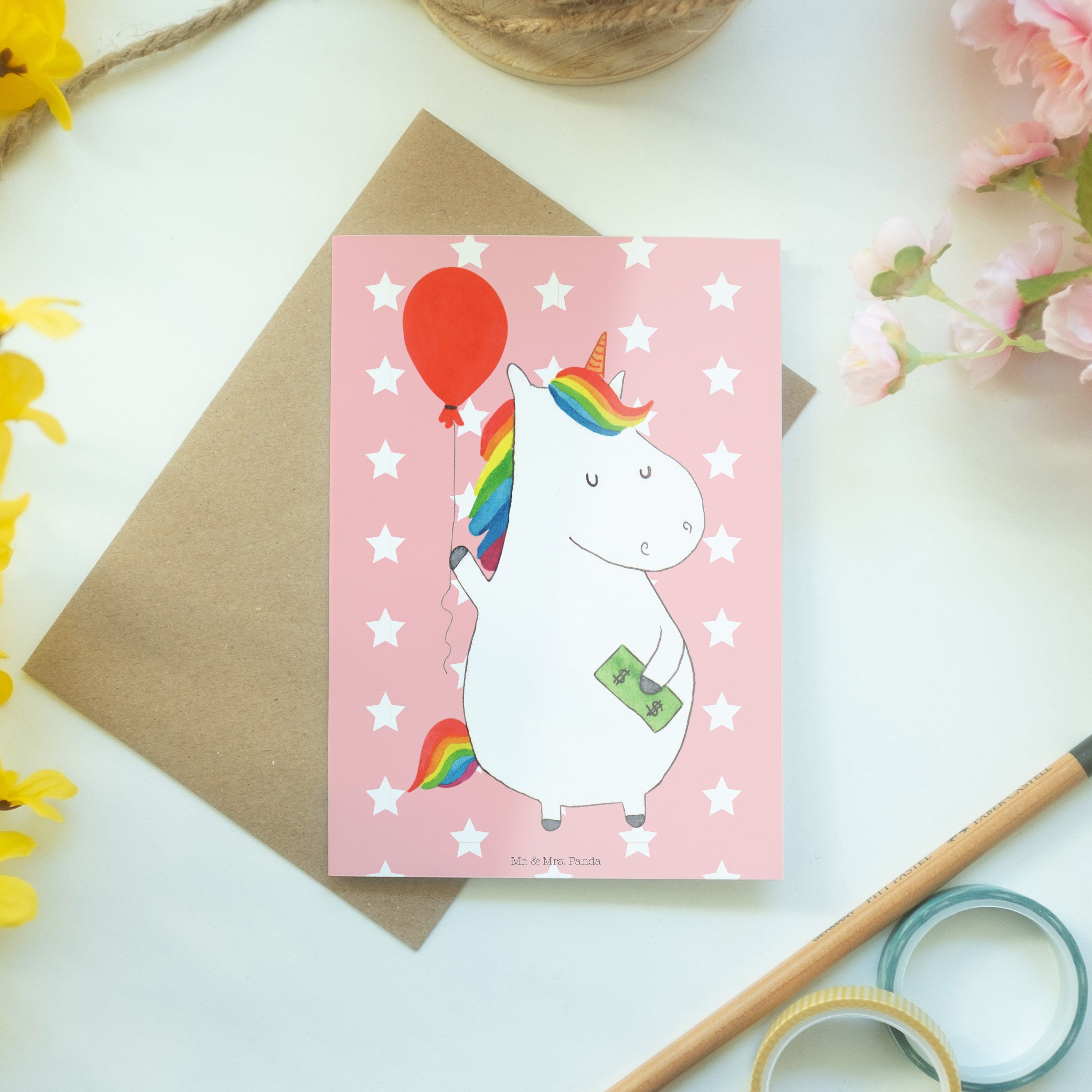 - - Mr. Panda Grußkarte Einhorn & Luftballon Einhörner Einhorn Geschenk, Rot Pastell Mrs. Deko,
