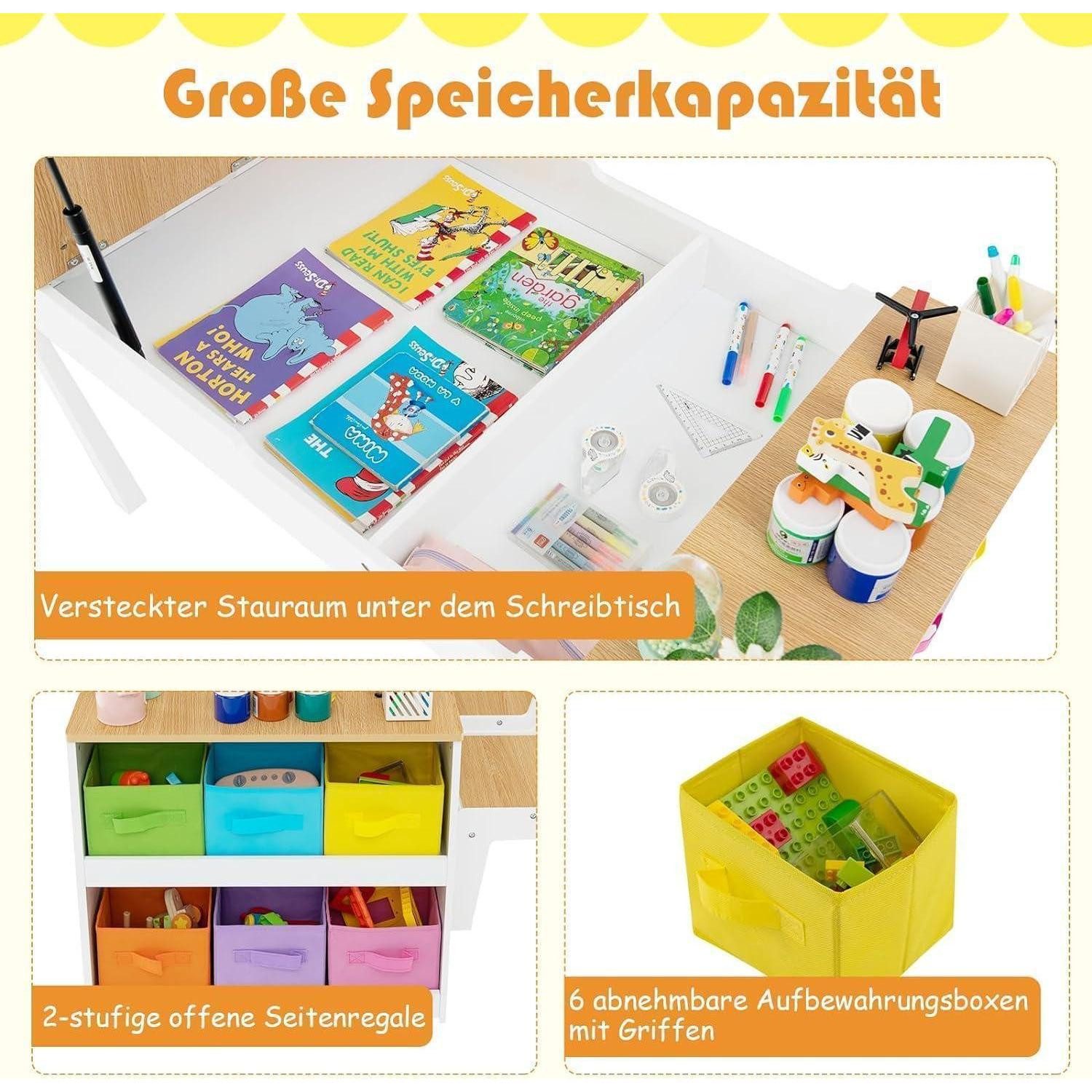 LuxusKollektion Kindertisch Kindertisch 3in1 2 Stühle Holz Maltisch 6 Natur mit 2 Ablagen