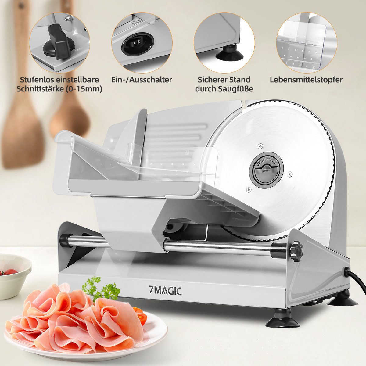 7MAGIC Allesschneider Elektrischer Allesschneider, Edelstahl Brotschneidemaschine elektrisch, 200,00 W, Verstellbare Küchenmaschine 0 bis 15mm, 2 Klingen, Geeignet für Küche