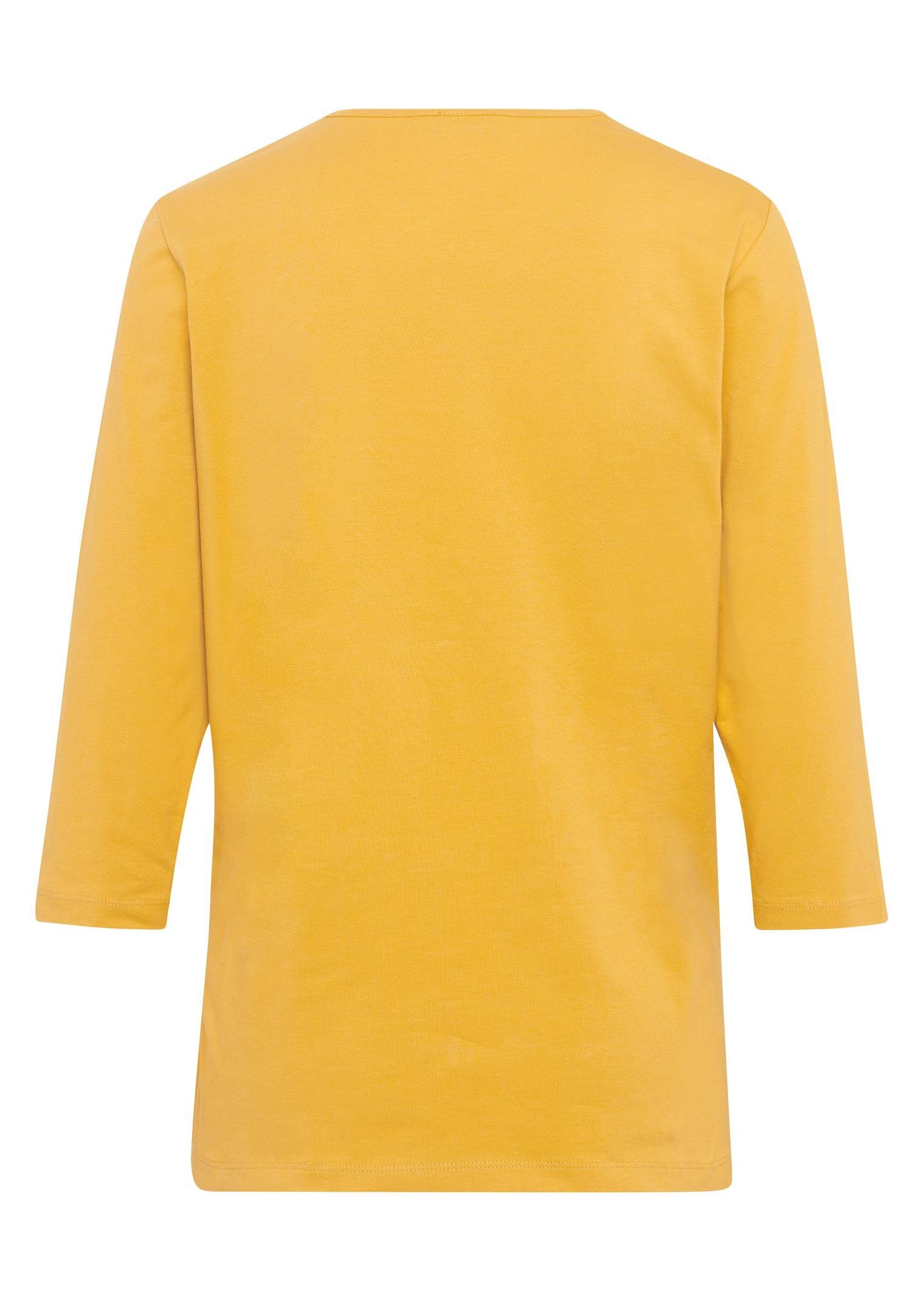 Ausschnitt safran 3/4-Arm-Shirt Schmucksteinchen GOLDNER mit und T-Shirt charmantem