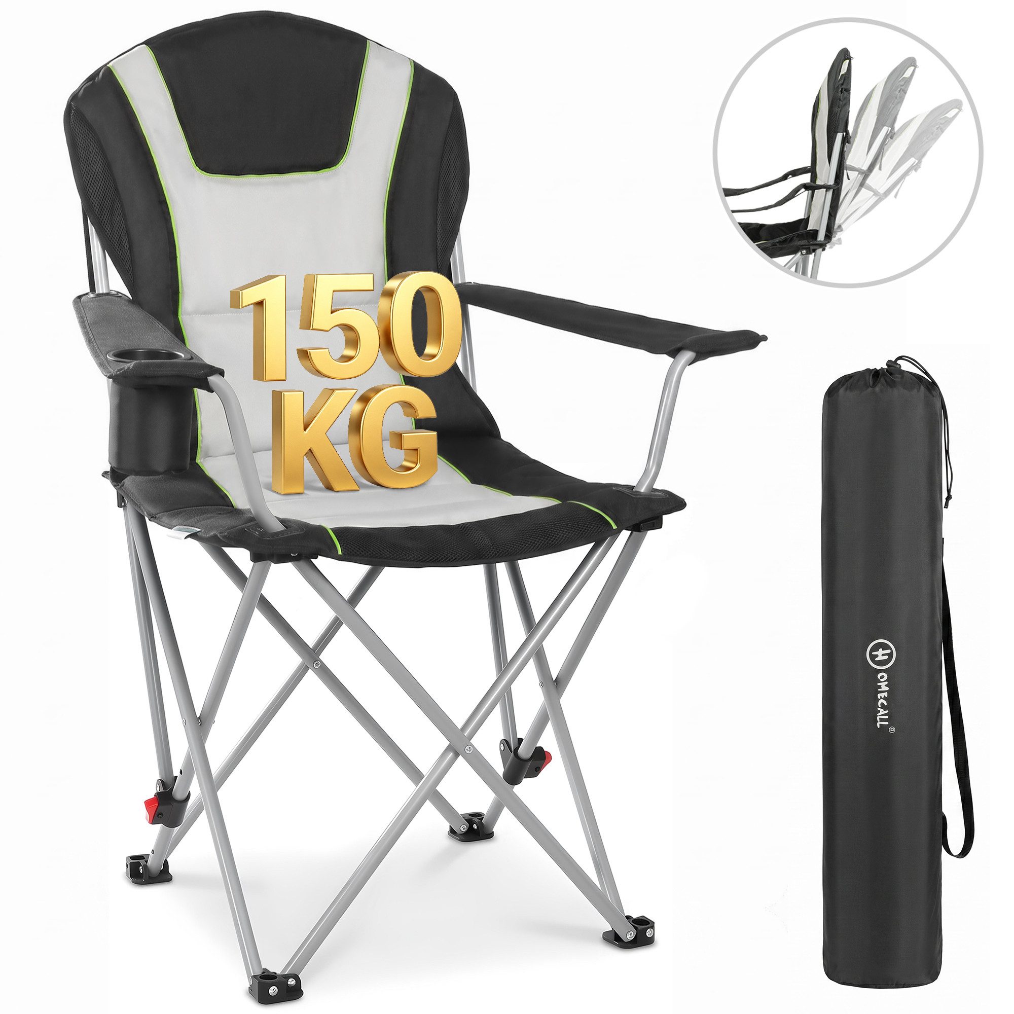 HOMECALL Campingstuhl Angelstuhl faltbar Klappstuhl mit hoher Rückenlehne (Getränkehalter, Gepolstert, bis 150KG, 1 St), 3 fach Verstellbare Rückenlehne