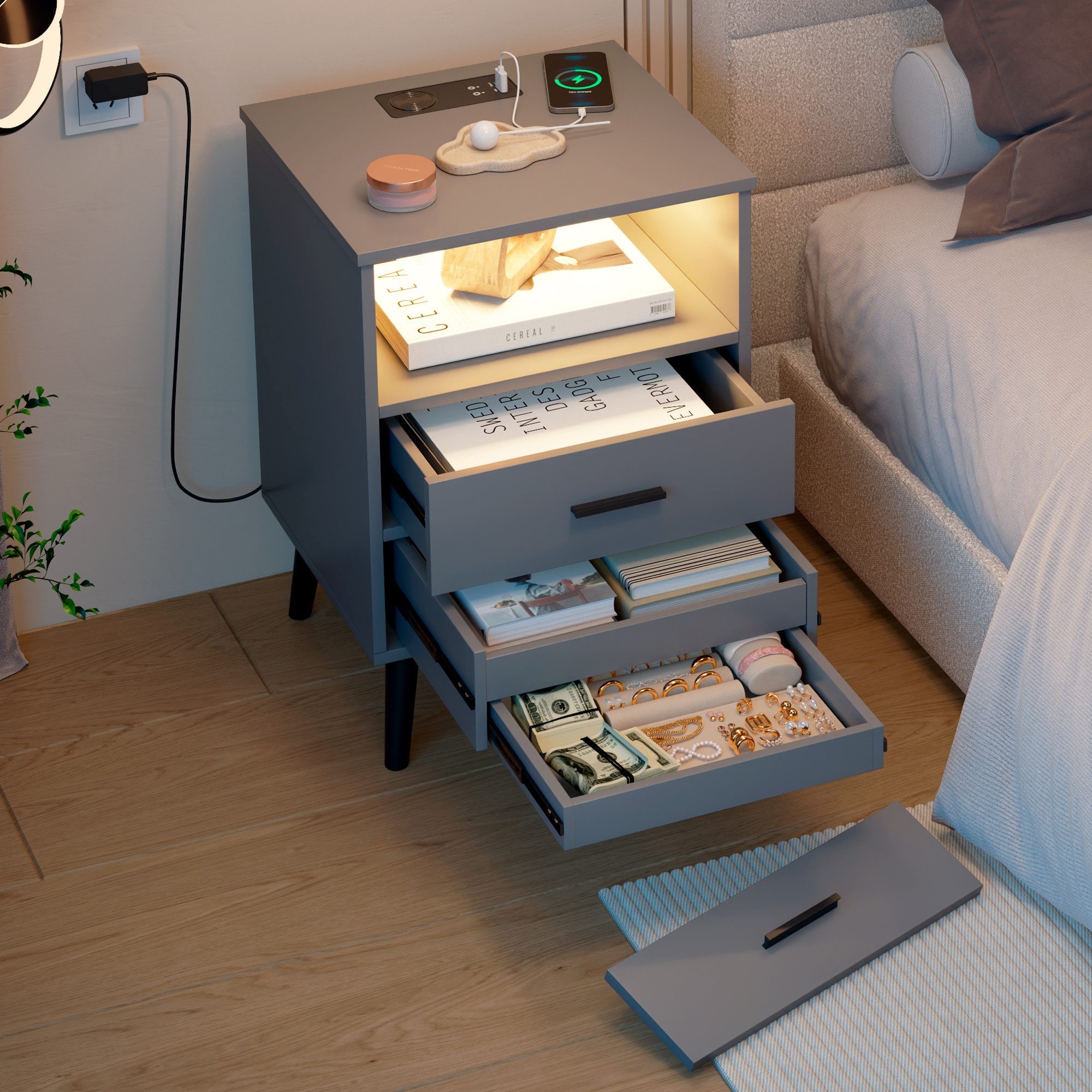 LVSOMT Nachttisch mit Geheimfach und LED, Drahtloses Laden, USB, Type-C (1-St., mit zwei Schubladen und einer versteckten Schublade), 40T x 45B x 65H, weiß/schwarz/grau