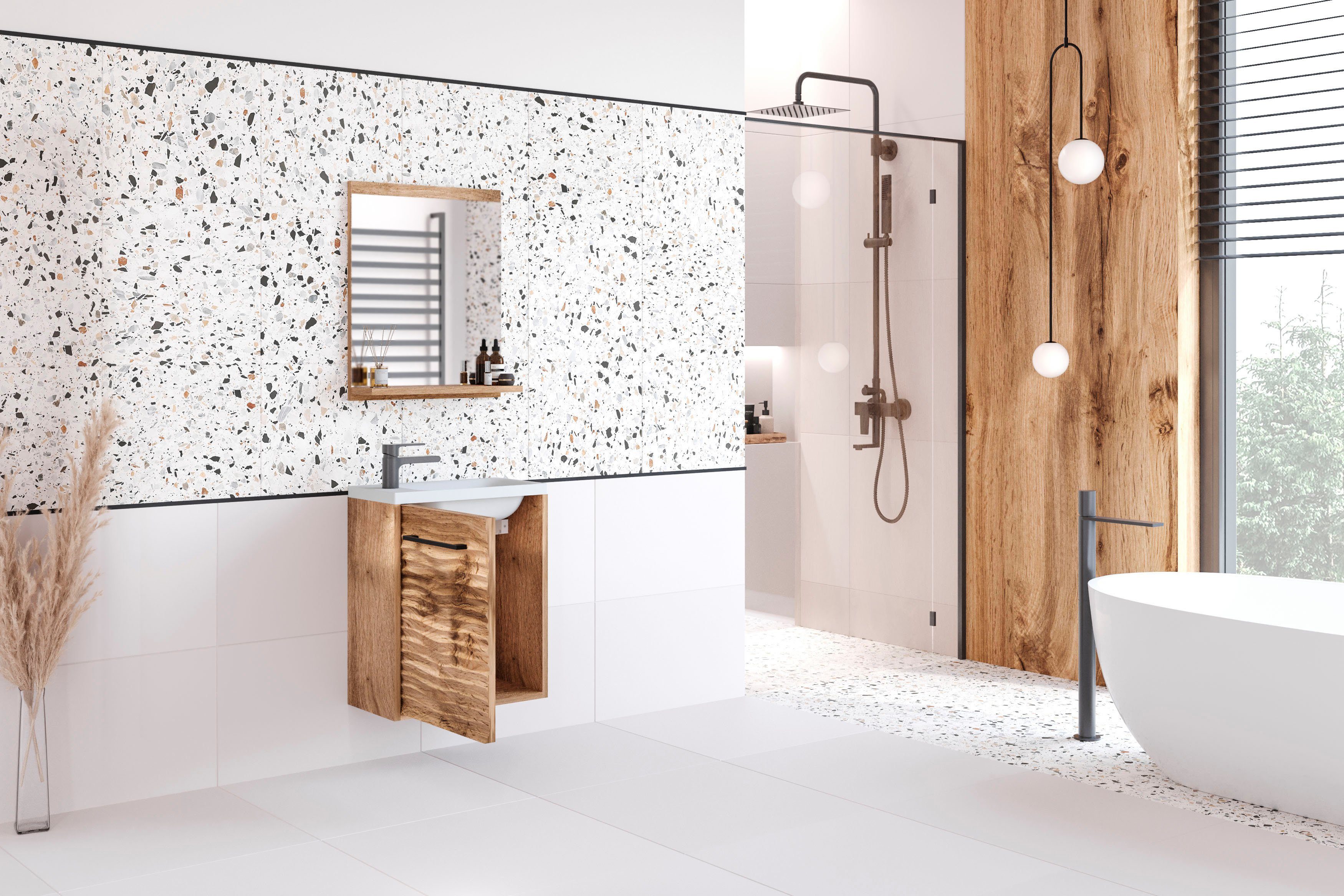 welltime Badmöbel-Set Canada, (Komplett-Set, 2-St., Fronten mit Wellenstruktur), Badmöbel mit Soft-Close, Gästebad Waschtisch mit Becken und Spiegel