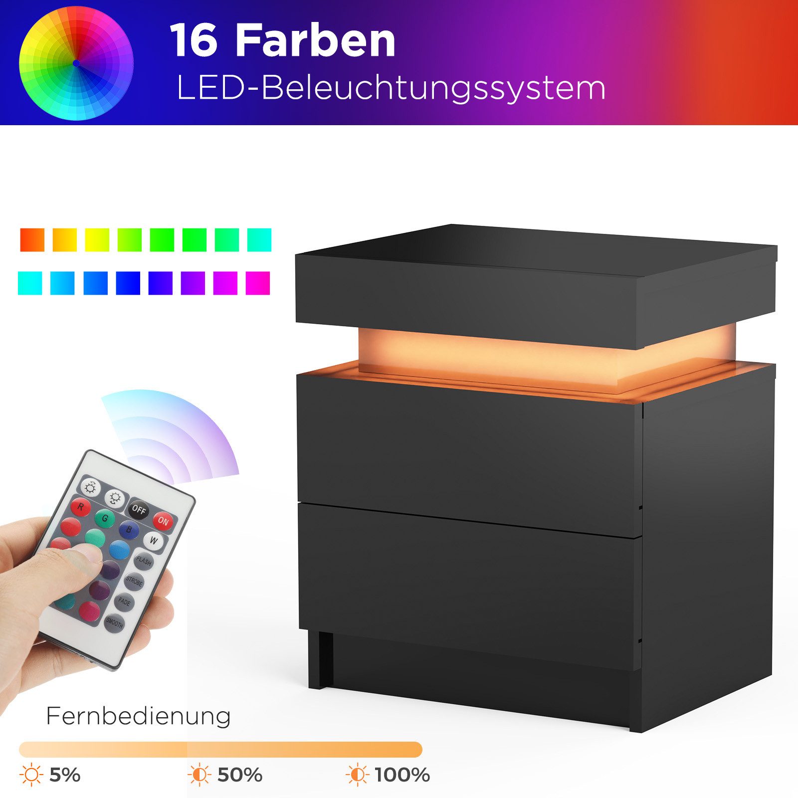 oyajia Nachttisch Hochglanz Nachtschrank mit 2 Schubladen,LED-Beleuchtung 16 Farben (Nachttisch mit LED Streifen, Beistelltisch), Nachttisch mit einstellbare Fa – Bild 4 von 5