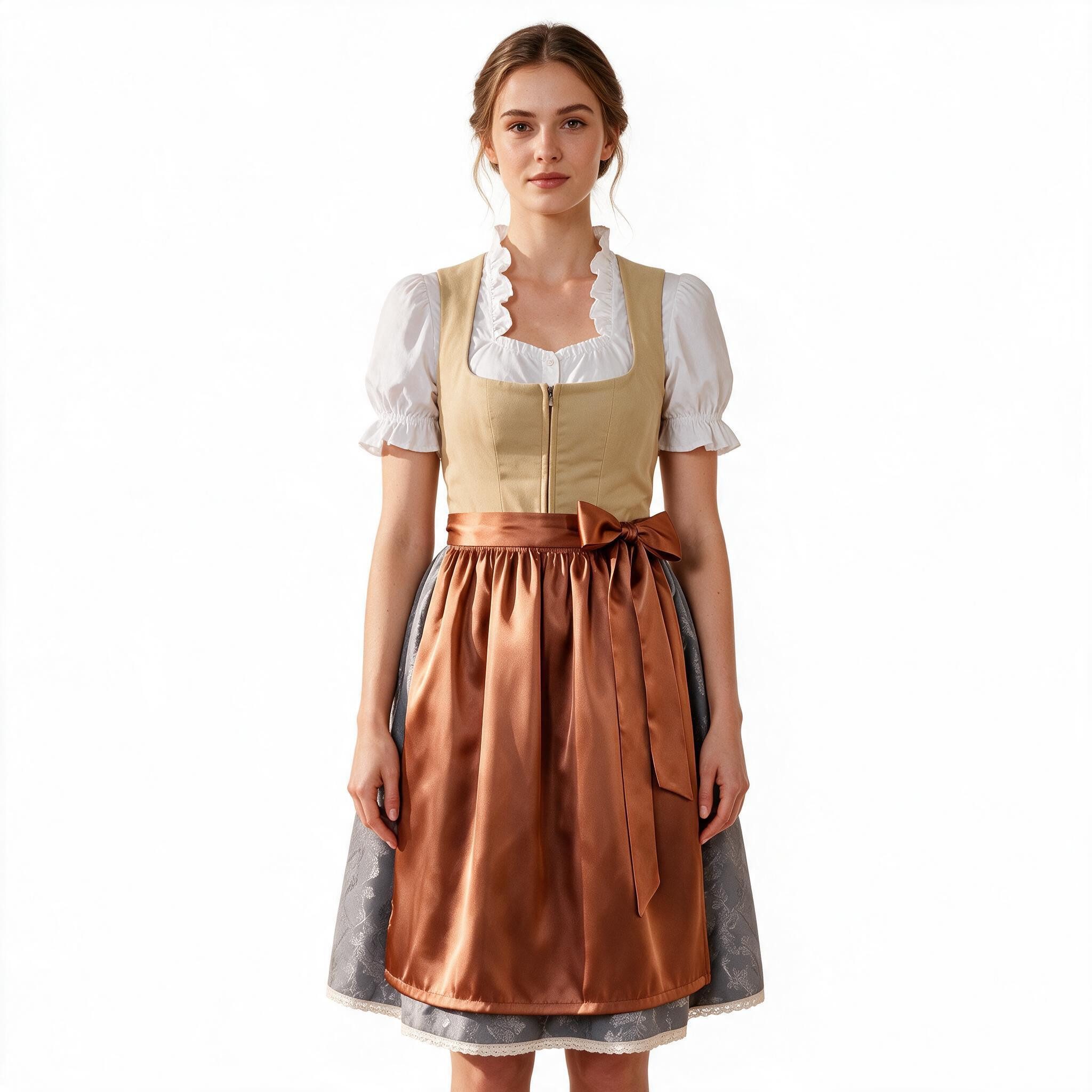 Palms-Store Dirndl Katharina, Modernes Trachtenkleid mit Satin-Schürze (Spar-Set) in klassischer Länge (ca. 105 cm)