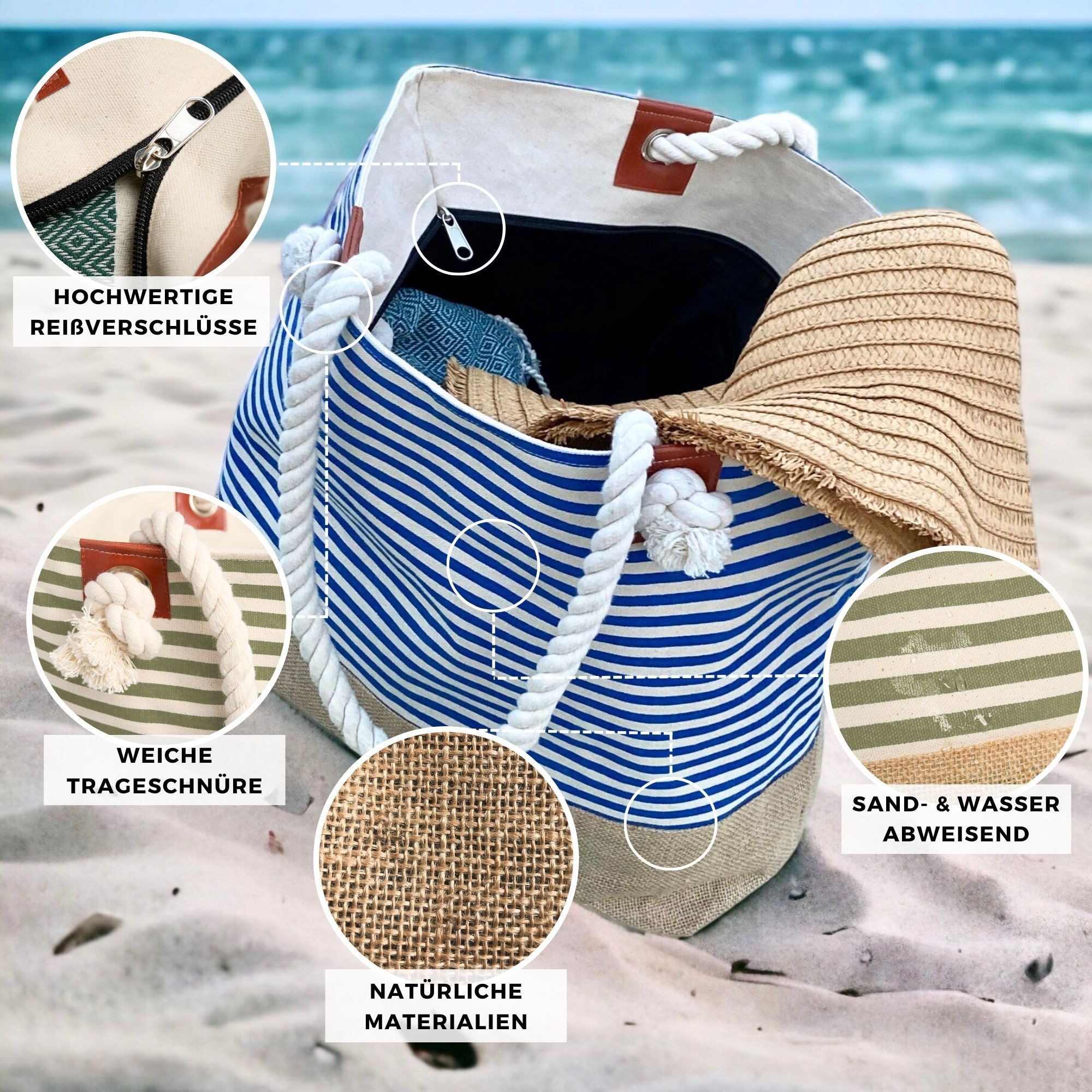 furora HOLIDAY Strandtasche Badetasche mit Reißverschluss & 2x Innentaschen günstig online kaufen