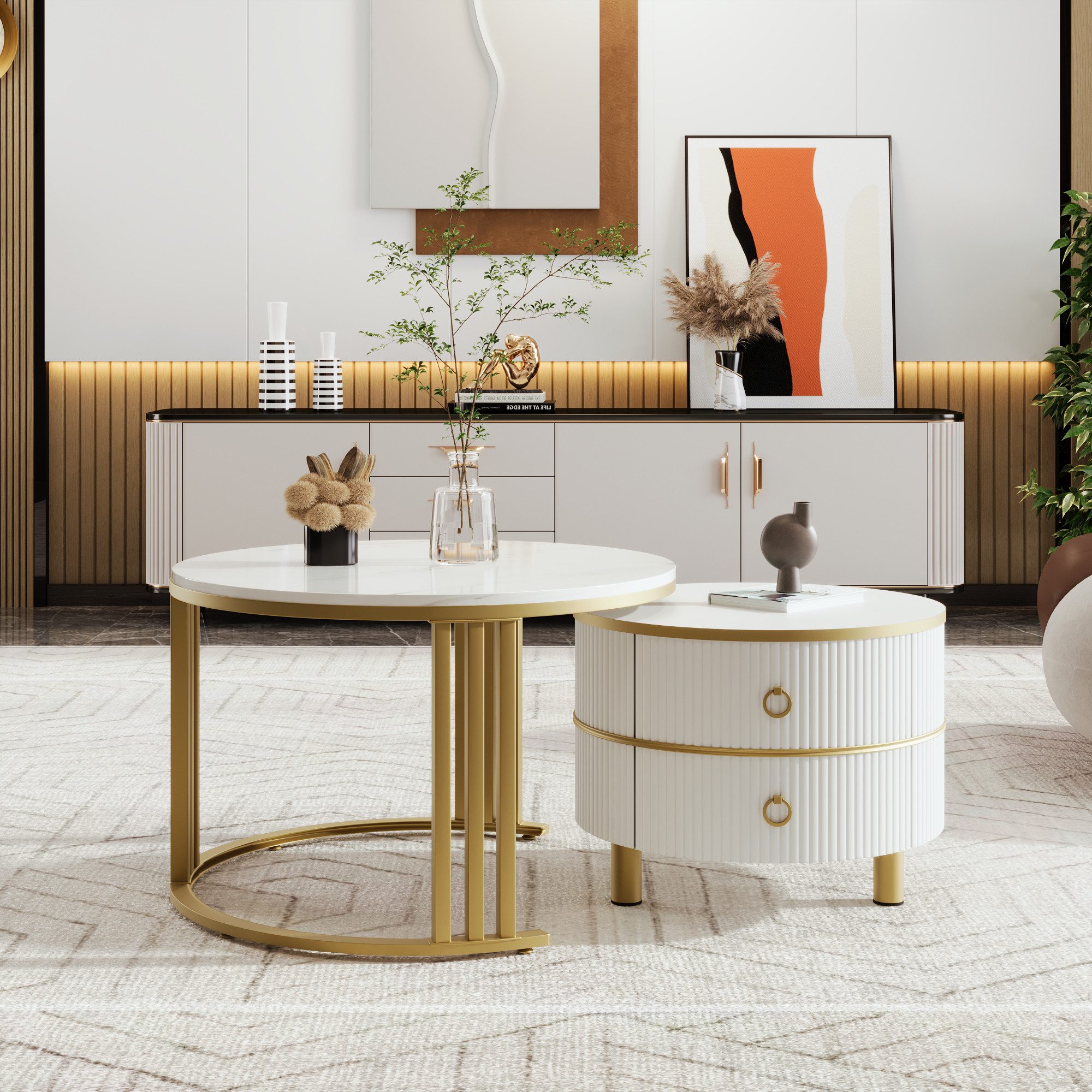 Couchtisch 2-in-1 runder Couchtisch mit Marmorplatte und 2 Schubladen