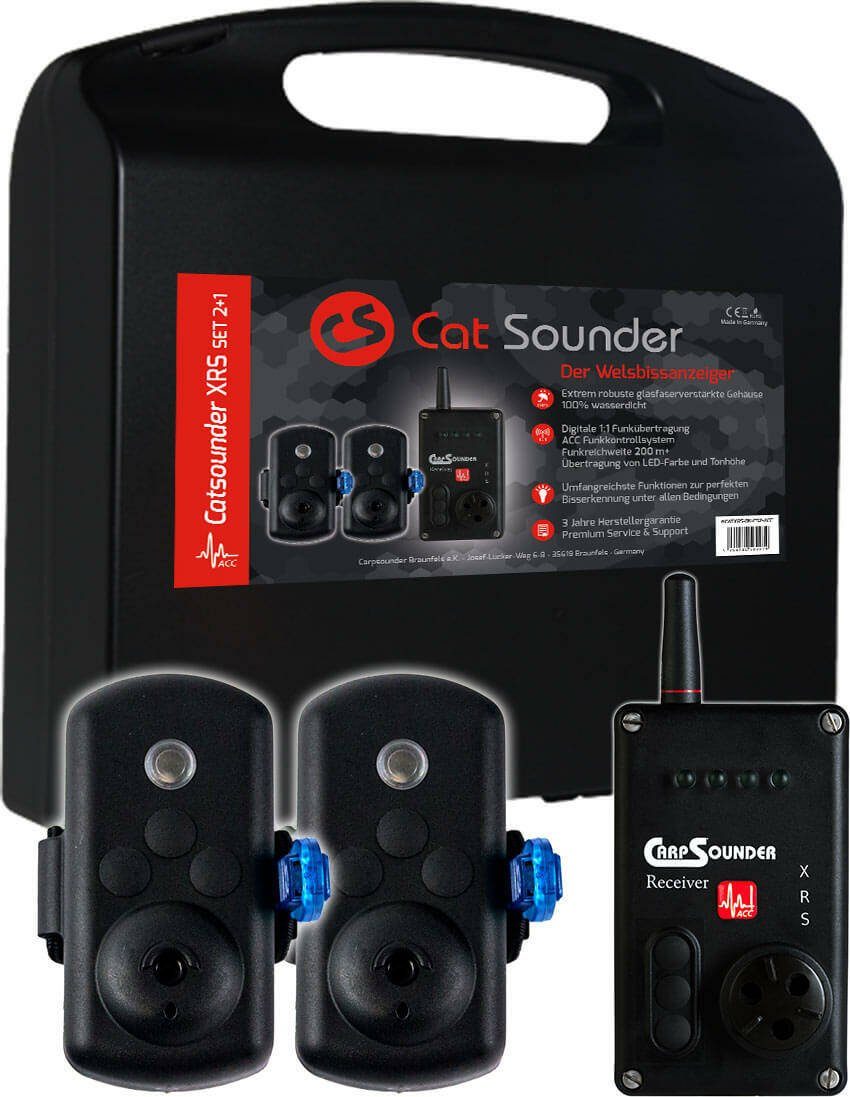 Carp Sounder elektronischer Bissanzeiger CS Catsounder XRS Set 2+1 Wallerangeln, (Intelligentes Catsounder, System mit Rutenlagenunabhängiger Bisserkennung, Lautstärkeeinstellung, Stummschaltung, Tonhöheneinstellung, LED Farbwahl 8 Farben)