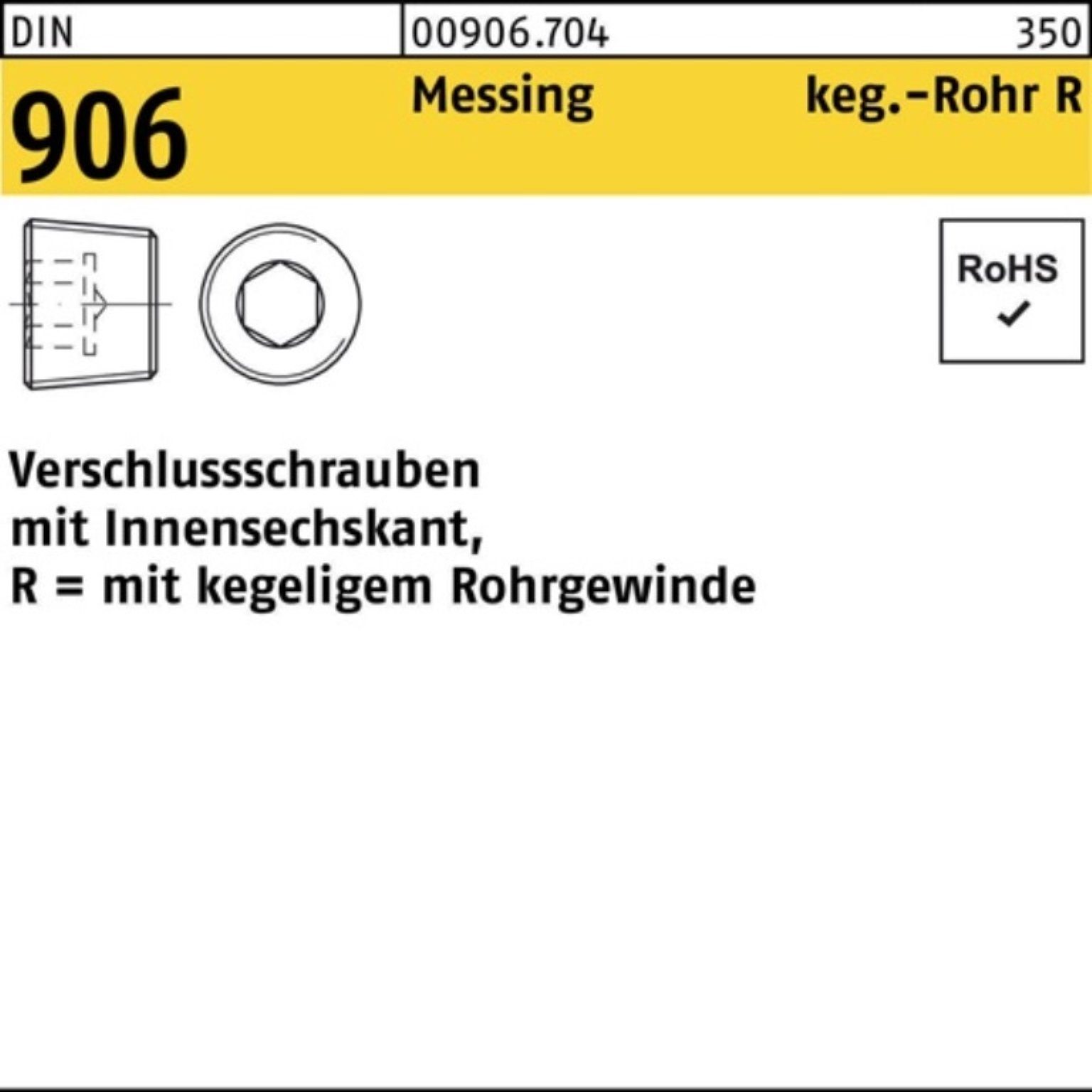 Reyher Schraube 100er Pack Verschlußschraube DIN 906 Innen-6kt R 1/2 Messing 50 Stüc