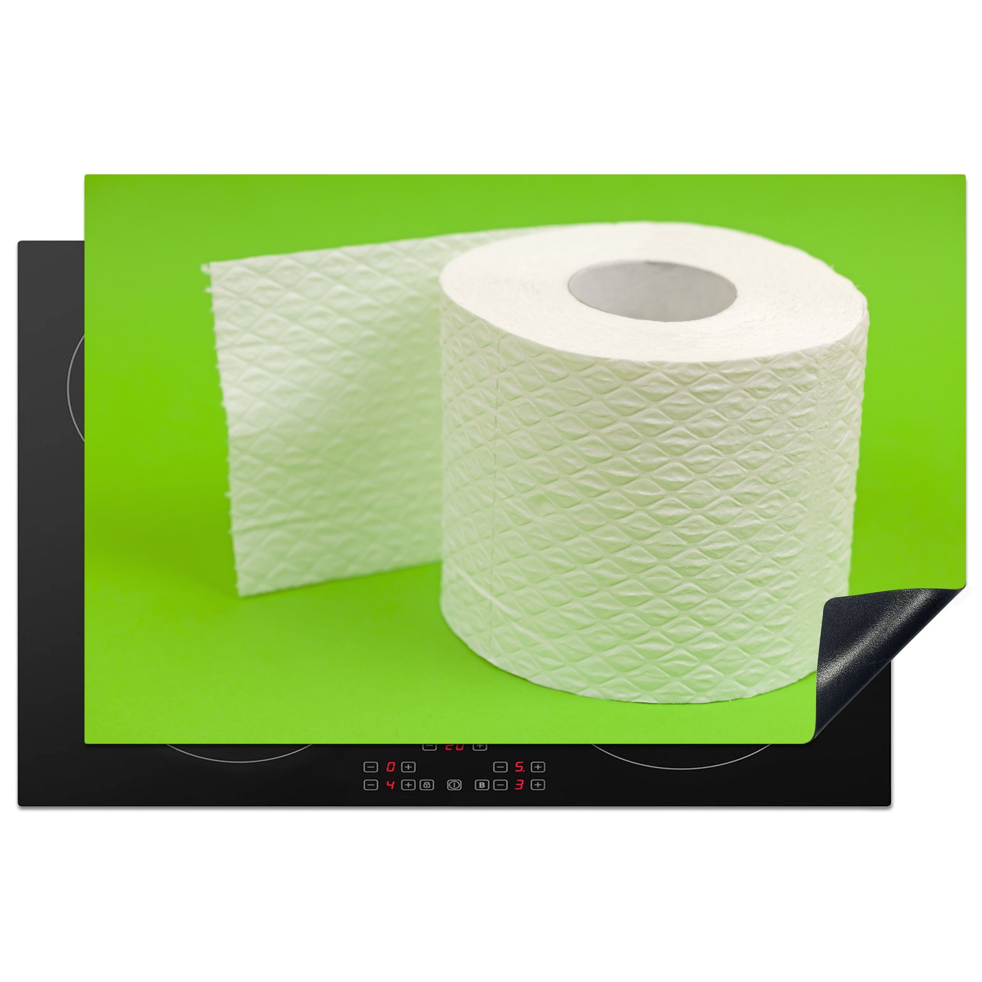 MuchoWow Herdblende-/Abdeckplatte Toilettenpapier auf Grün, Vinyl, (1 tlg), 81x52 cm, Induktionskochfeld Schutz für die küche, Ceranfeldabdeckung