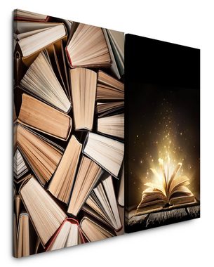 Sinus Art Leinwandbild 2 Bilder je 60x90cm Bücher Buchstapel Lesen Zauberhaft Magie Fantasie Märchenhaft