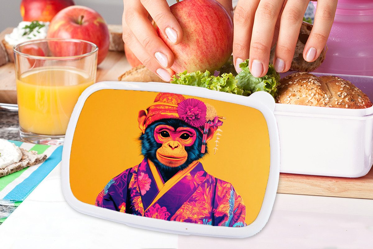 MuchoWow Lunchbox Affe - Kimono - Blumen - Kopfschmuck, Kunststoff, (2-tlg), Brotdose Schule oder Arbeit, Brotbox für Kinder und Erwachsene