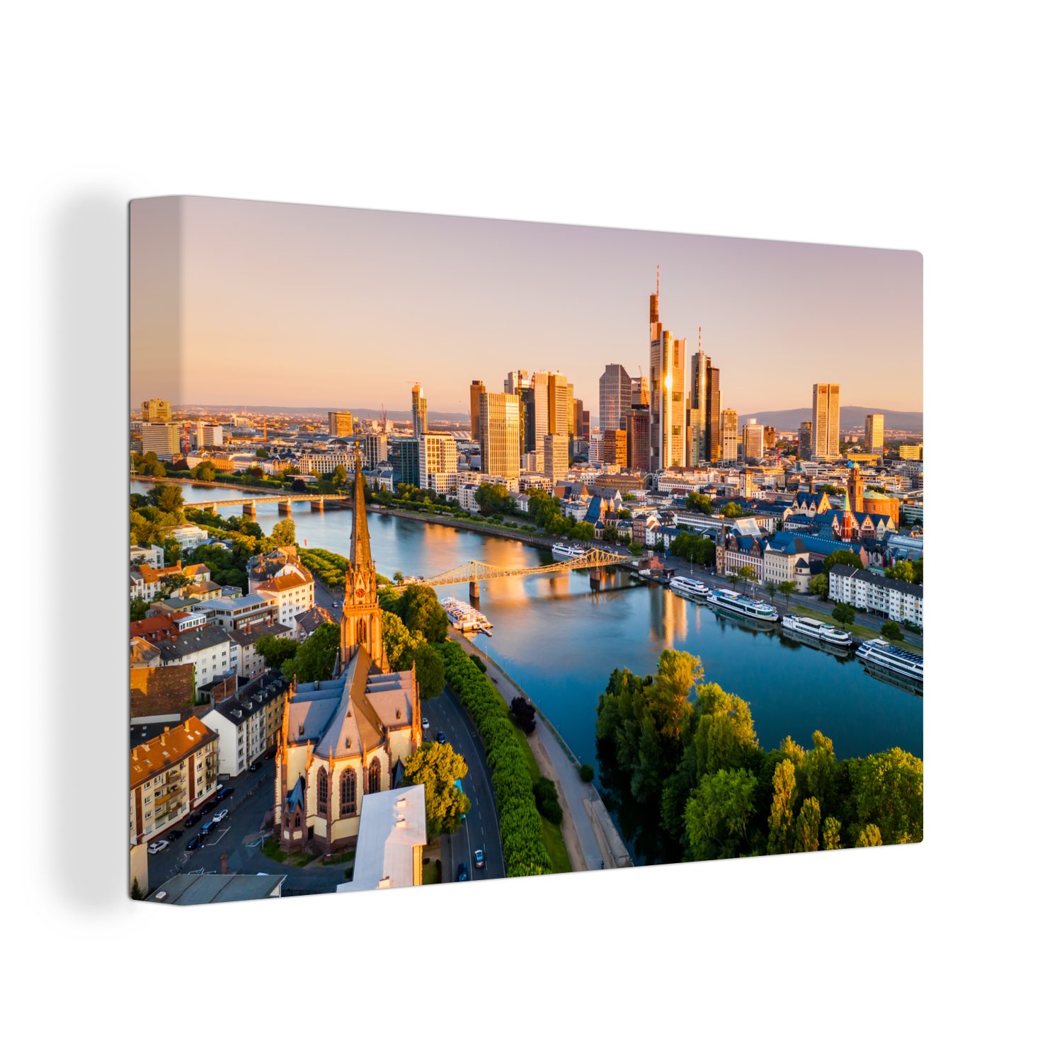 Leinwandbild Frankfurt bei Sonnenaufgang aus der Vogelperspektive