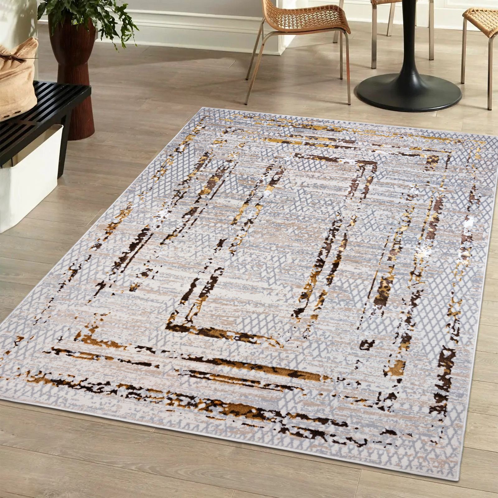 Designteppich Modern Teppich für Wohnzimmer - Glänzende Beige Creme mit Gold, Mazovia, 80 x 150 cm, Glänzende Abstrakt Marmor, Höhe 10 mm, Kurzflor - niedrige Florhöhe, Weich, Pflegeleicht