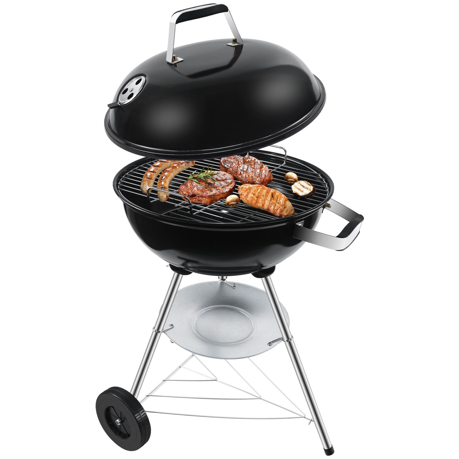 SunJas Holzkohlegrill Kugelgrill Edelstahl Campinggrill mit Deckel und Rädern, Gartengrill Mobiler Grill Outdoor Grill BBQ Grill, Grillrostmaße Ø41.5cm für 4-6 Personen