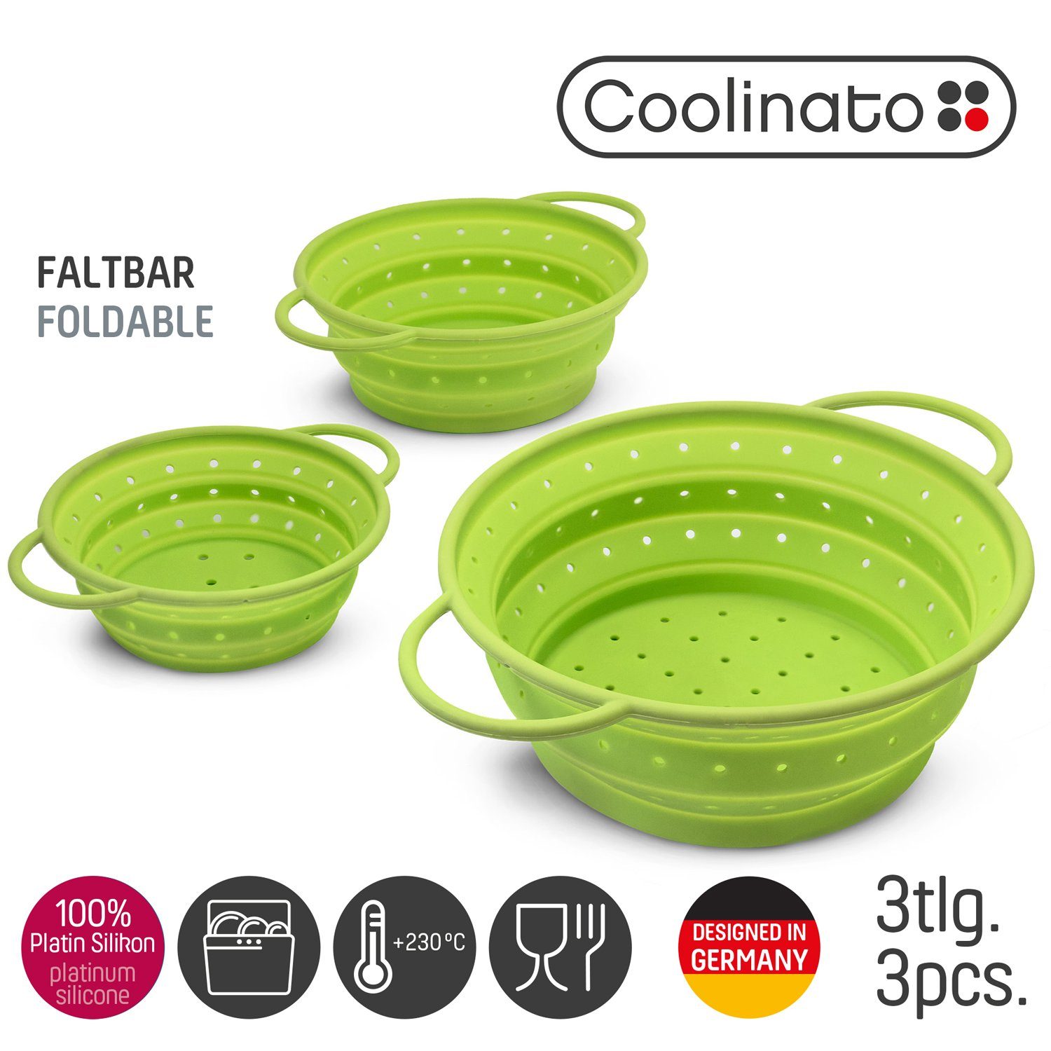 Coolinato Küchensieb 3er Set, 100% Platin Silikon, (Siebeset), faltbar