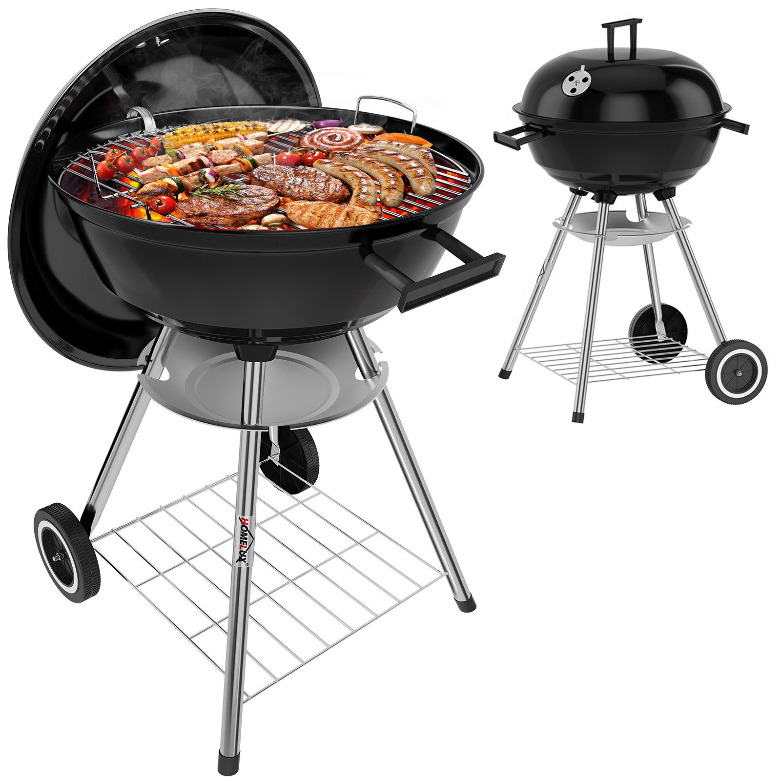 HOMELUX Holzkohlegrill Kugelgrill mit Deckel & Luftventilen, 44cm Grillfäche, BBQ Grill mit Einstellbarer Luftzufuhr & Ascheschale