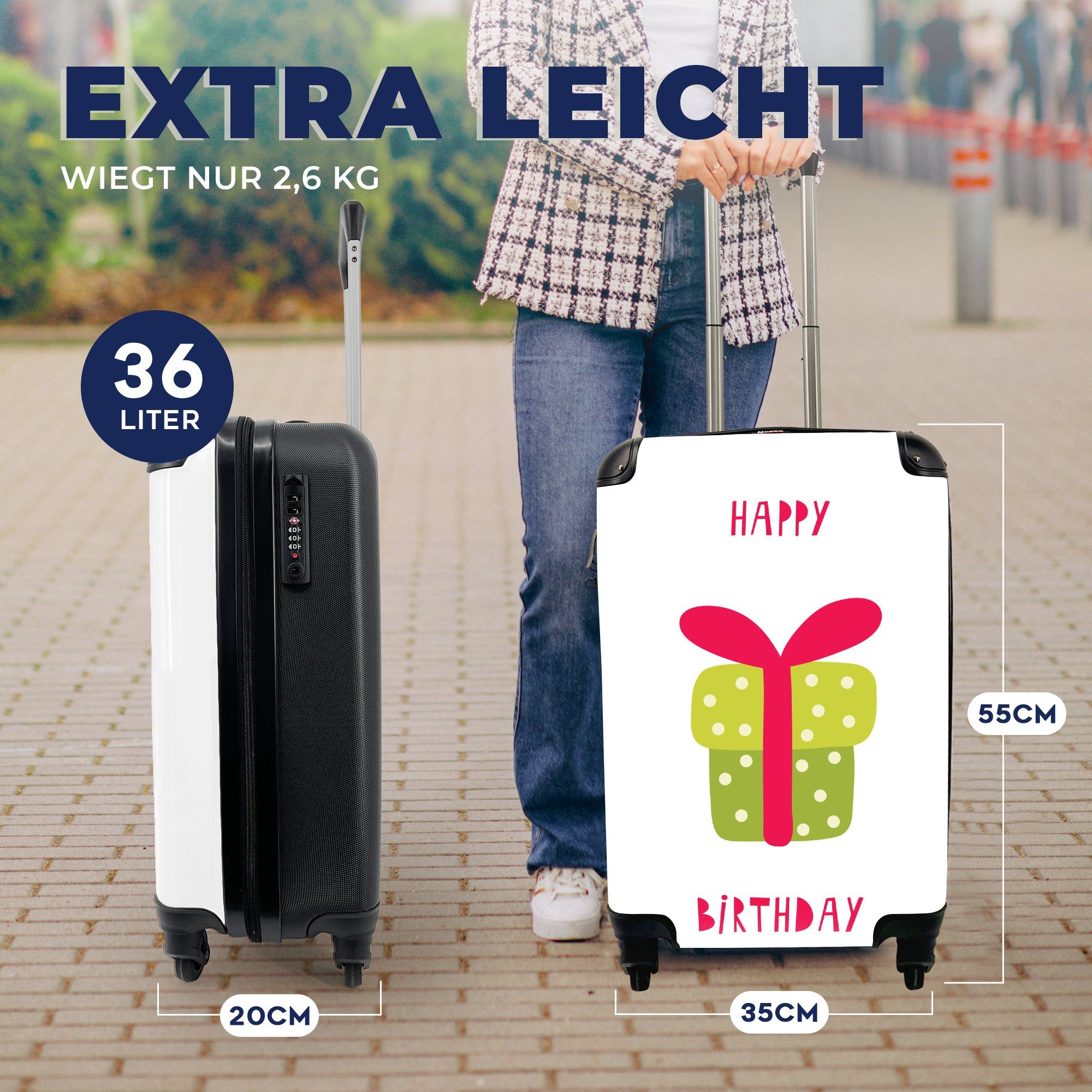 für Illustration mit Birthday" Reisekoffer Handgepäck "Happy Geschenk, dem Ferien, Trolley, Reisetasche 4 rollen, mit und Rollen, Zitat grünen Handgepäckkoffer MuchoWow einem