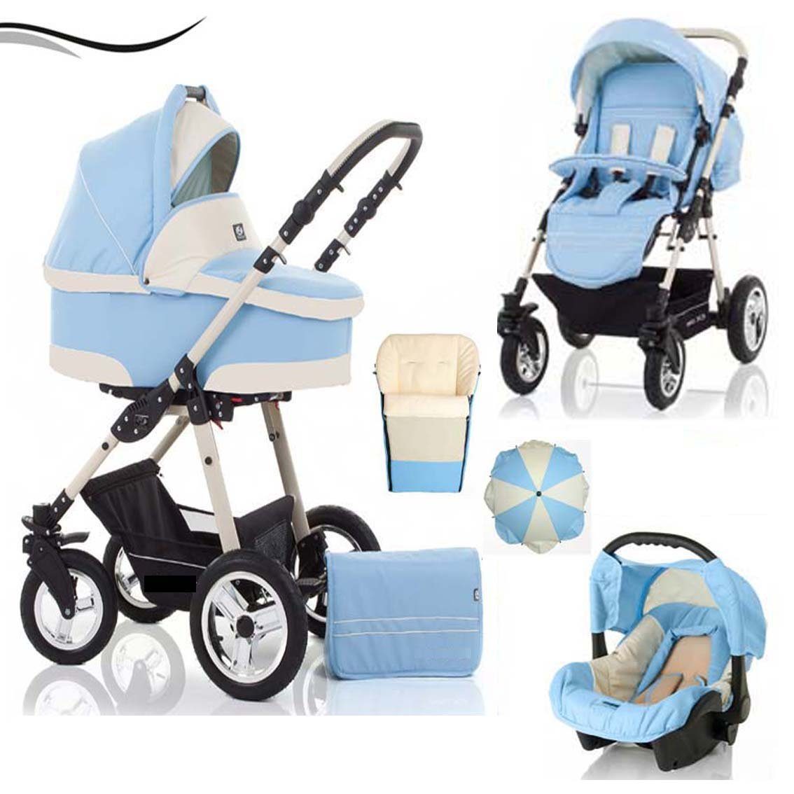 Skonto babies-on-wheels Kombi-Kinderwagen City und Geburt Hellblau-Creme in Sonnenschirm in - 18 von Fußsack - Farben bis 5 Autositz, inkl. 16 1 4 Star Teile Jahre