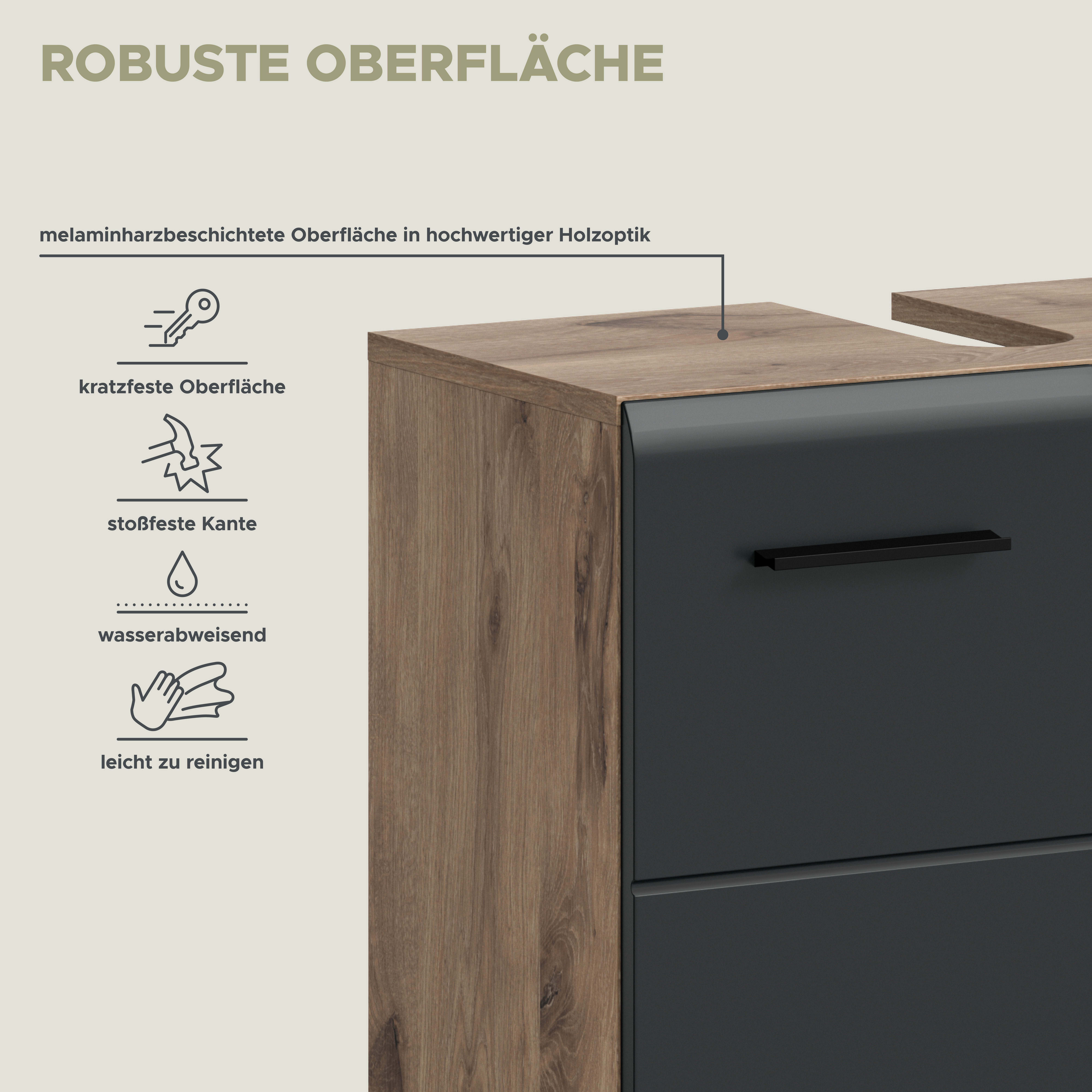 welltime Waschbeckenunterschrank FLORENZ, Breite 60cm, inkl. Siphonausschnitt, mit Türen oder Schüben (TOPSELLER) hochwertige MDF Front, Griff schwarz, Badschra – Bild 5 von 5