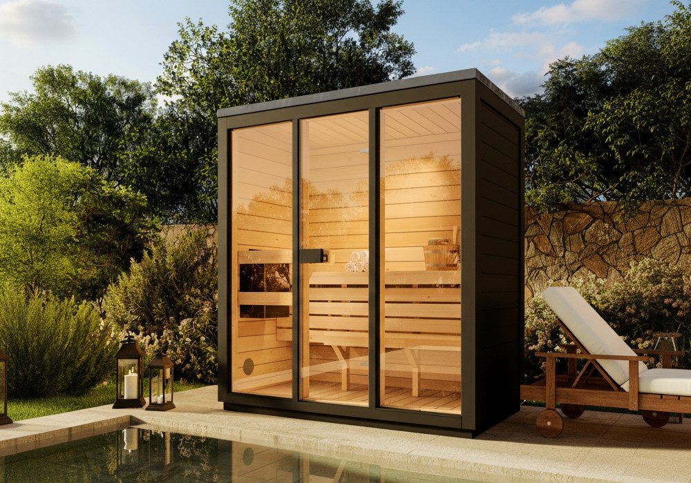 FinnTherm Saunahaus Kuuma M, BxTxH: 199 x 111 x 213 cm, 42 mm, in Schwarz Inkl. Fußboden