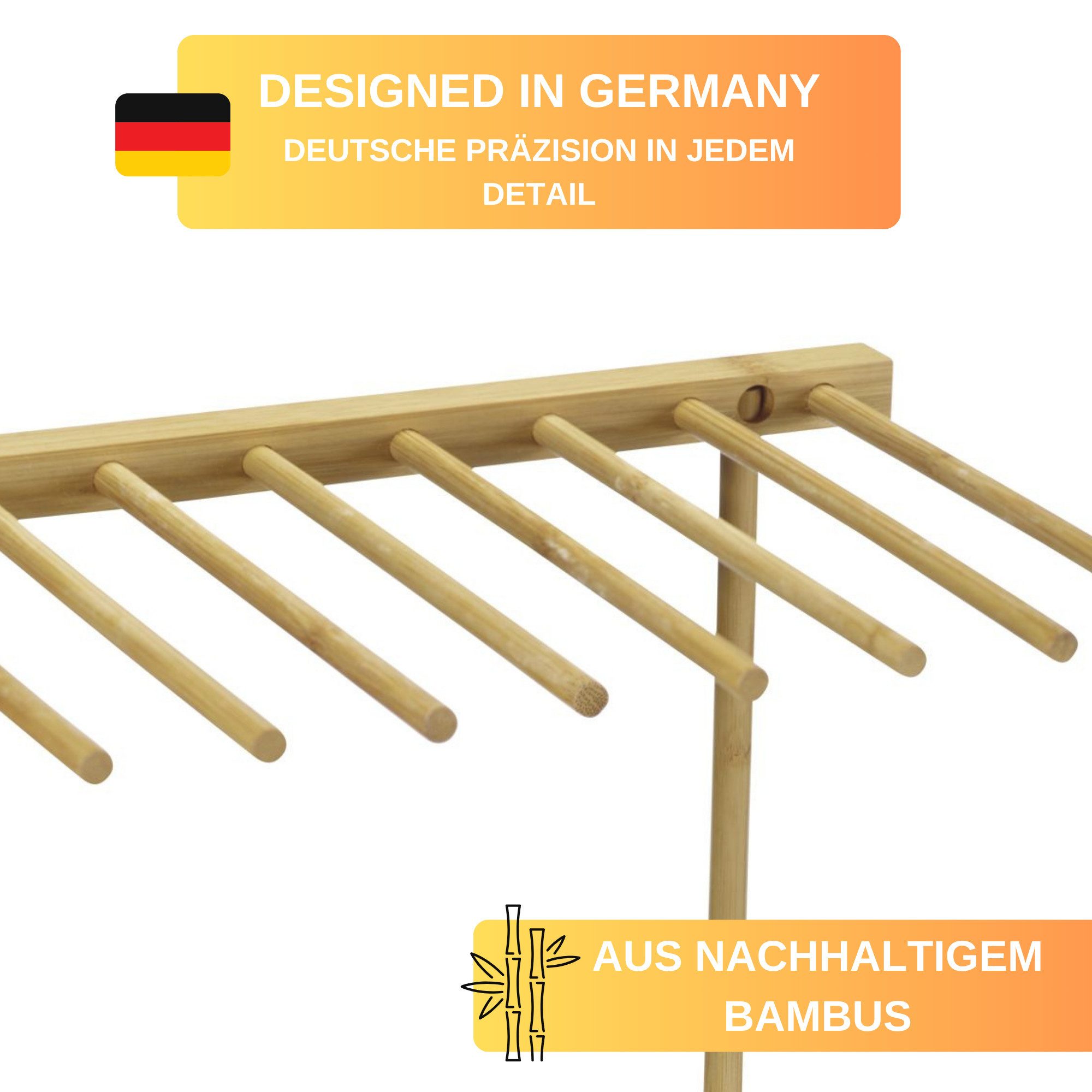 Thiru Nudeltrockner mit 8 langen Stäben aus nachhaltigem Bambus, 8 Stäbe - je 21 cm lang, platzsparend zusammenlegbar
