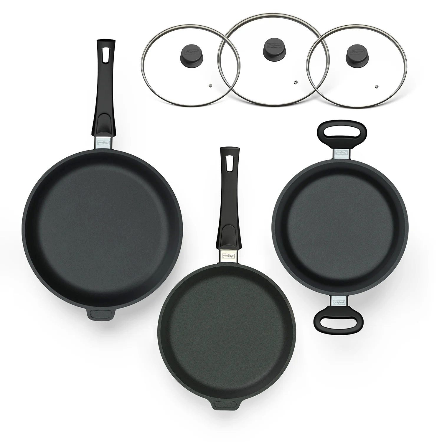 Hoffmann Germany Pfannen-Set Kochgeschirr Bestseller 6-tlg. Ø 24 & 28 cm Deckel – Made in Germany, Aluguss (Set, 6-tlg., 2x Pfanne (24 + 28 cm) + 1x Topf Ø 24 cm + 3x Deckel), abnehmbarer Griff, Antihaft, backofenfest bis 250°C, Induktion
