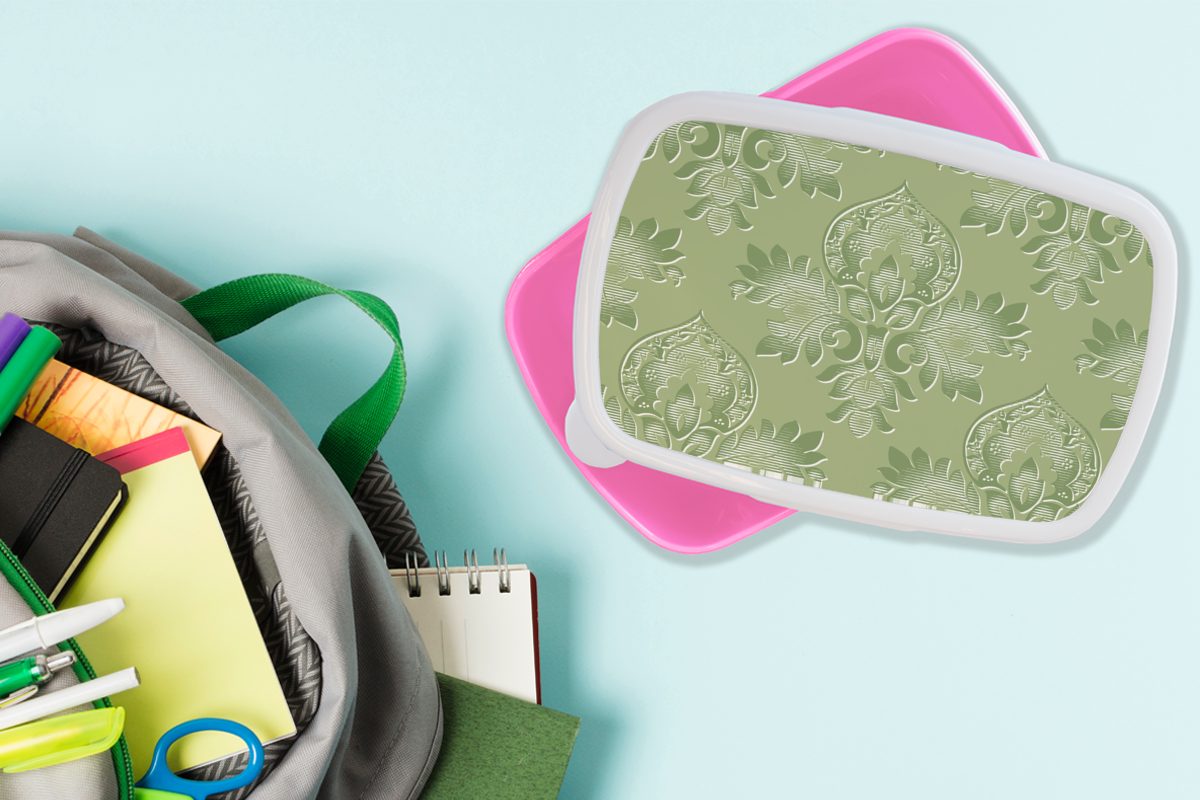 rosa Kunststoff - Design, Vintage Erwachsene, - MuchoWow Mädchen, Snackbox, (2-tlg), Kinder, Blätter Kunststoff, Brotbox Psychedelisch Brotdose - Grün - Lunchbox für