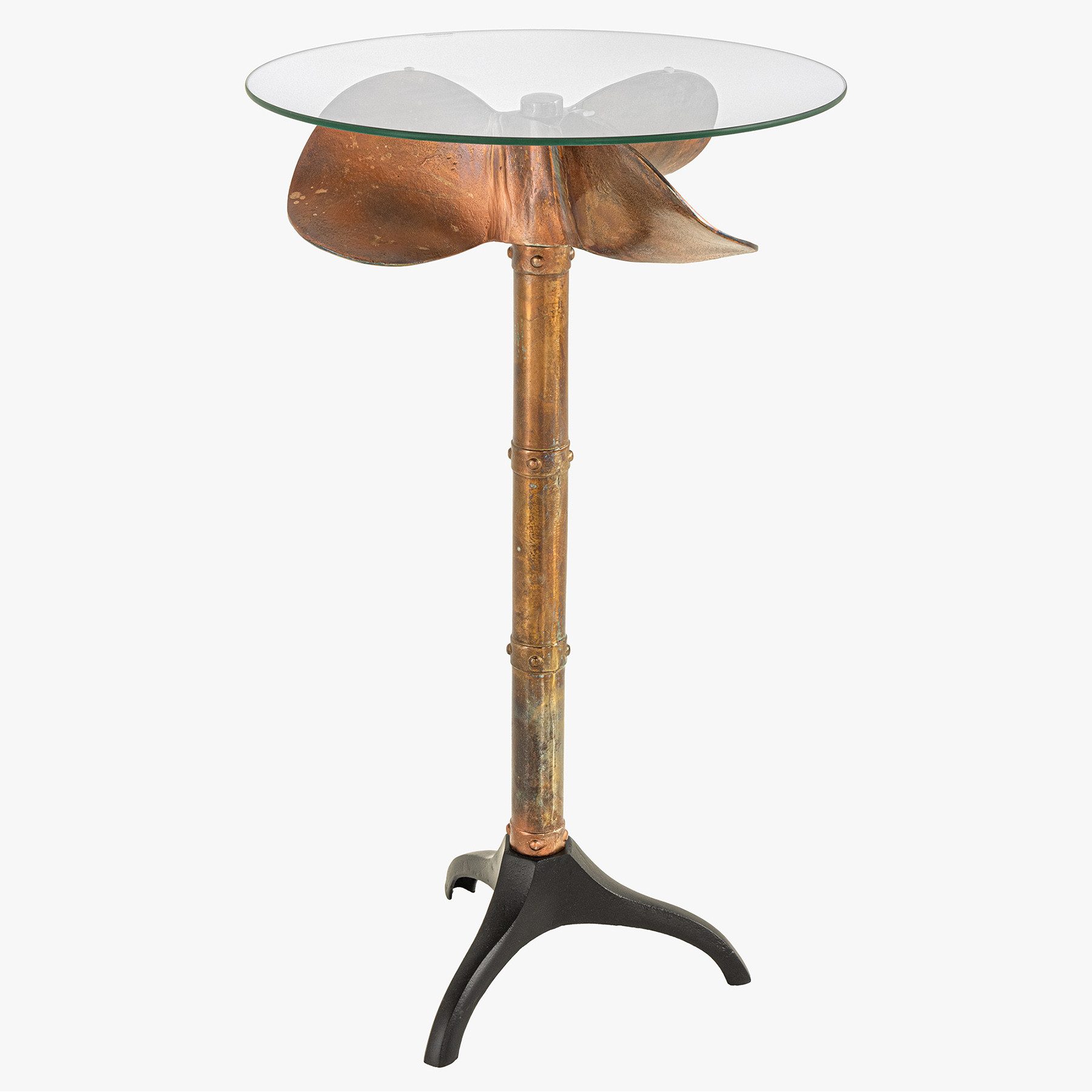 riess-ambiente Stehtisch OCEAN 105cm transparent / kupfer geflammt / schwarz · Bartisch rund (Einzelartikel, 1-St), Glasplatte · Metall-Fuß in Schiffsschrauben-Design · maritim
