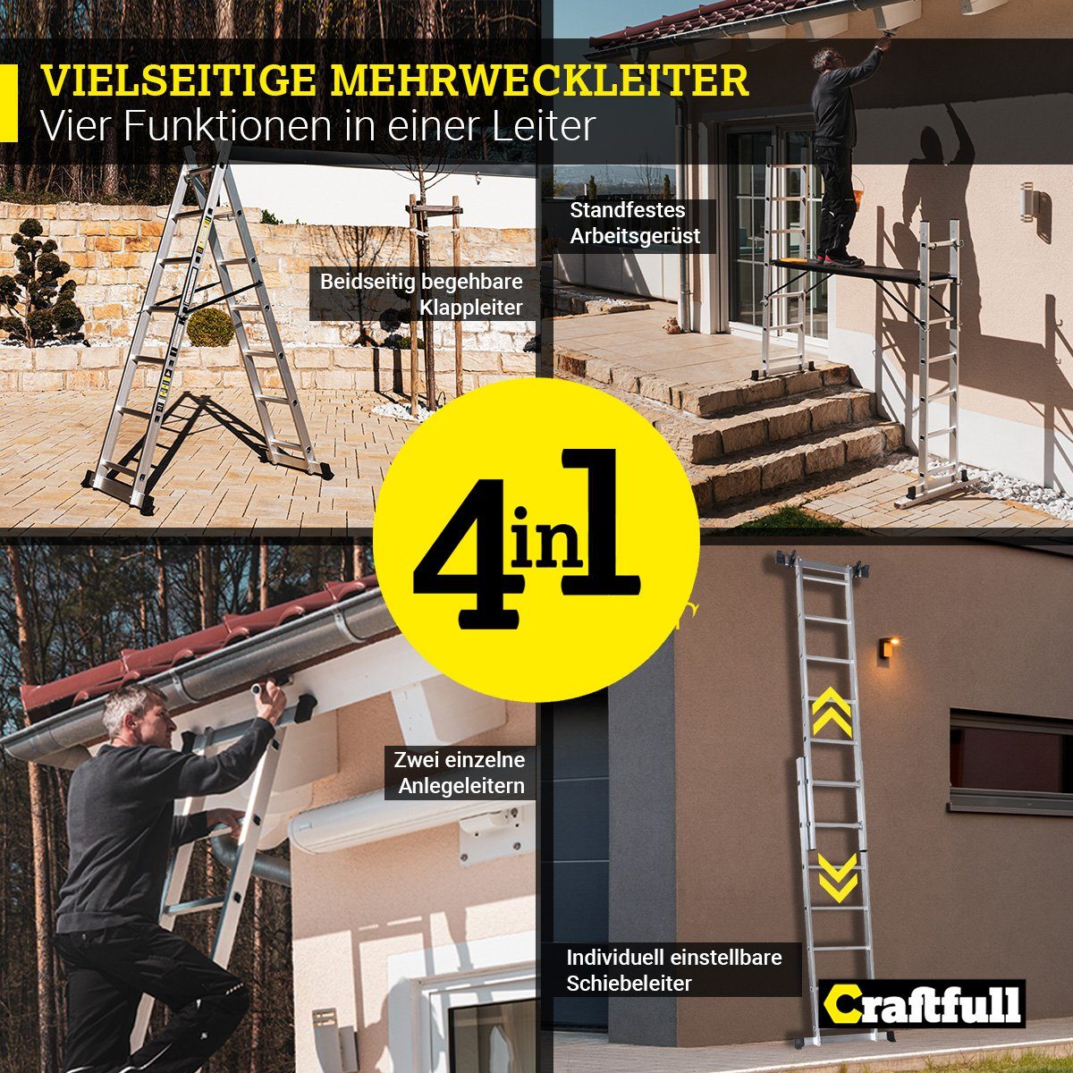 Craftfull Arbeitsgerüst 4in1 Leitergerüst CF-103A - 3 J. Garantie - Mehrzweckleiter Aluminium, (1.68 m - 1.95 m - 150 kg Traglast - Alu Stehleiter bis 150 kg - Doppelhohlkehlenprofil - Anlegeleiter - Gelenkleiter - Stehleiter - Trittleiter - Wandleiter - Bockleiter - Anlegeleiter - Haushaltsleiter - Stufen Leiter - Arbeitsleiter - Klappleiter - Sicherheitsleiter - Ausziehleiter - Multifunktionsleiter - Teleskopleiter, 1 St., Anti-Rutsch-Profil - Gummierte Standfüße - Alu & Holz), Gerüst Multigerüst mit Rollen - Arbeitsplattform Arbeitsbühne