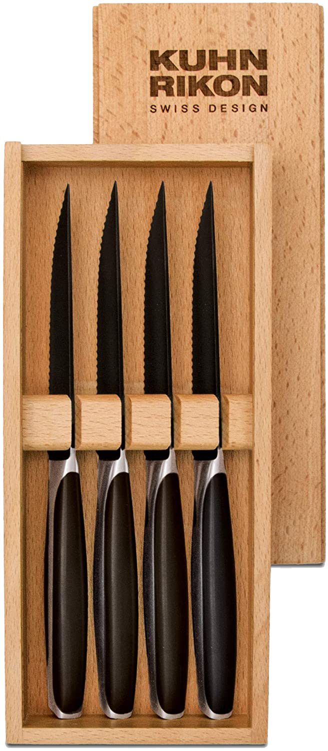KUHN RIKON Steakbesteck Hochwertiges Steakbesteck Steakmesser Black Peak (4-tlg), 4 Personen, Edelstahl, japanischer Edelstahl mit Buchenholz-Box