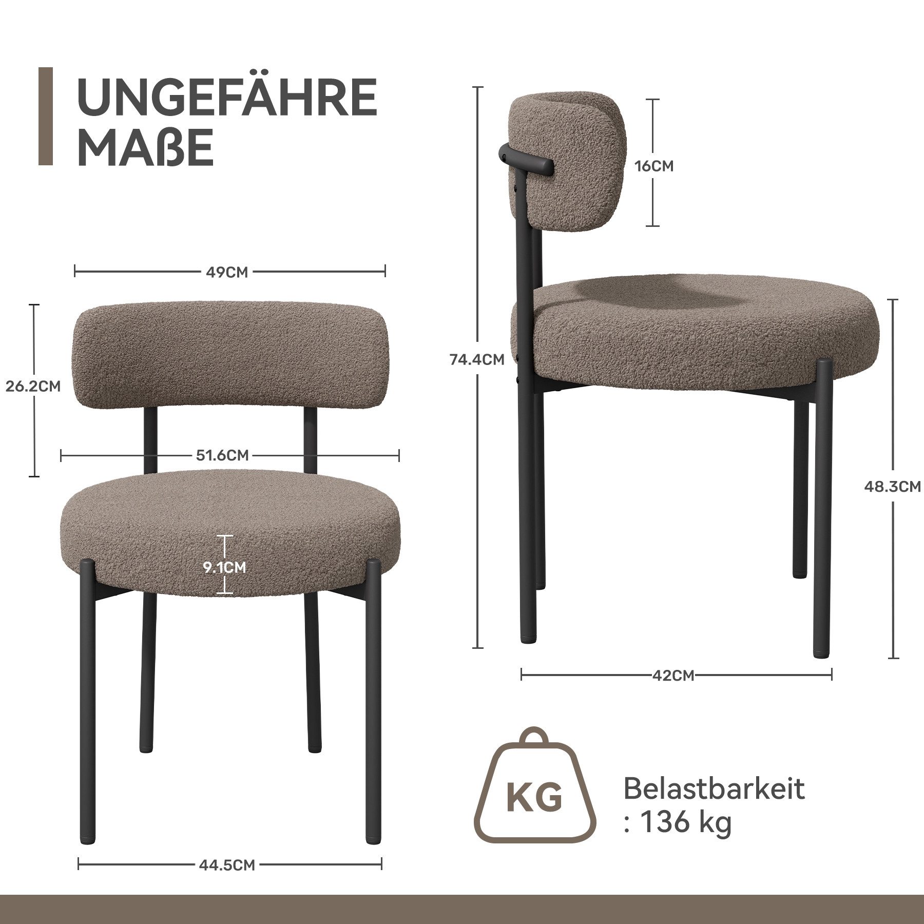 HawthyHome Esszimmerstuhl Runder Polsterstuhl mit Metallgestell, Wohnzimmerstuhl, Küchenstuhl (2 St), 2er Set