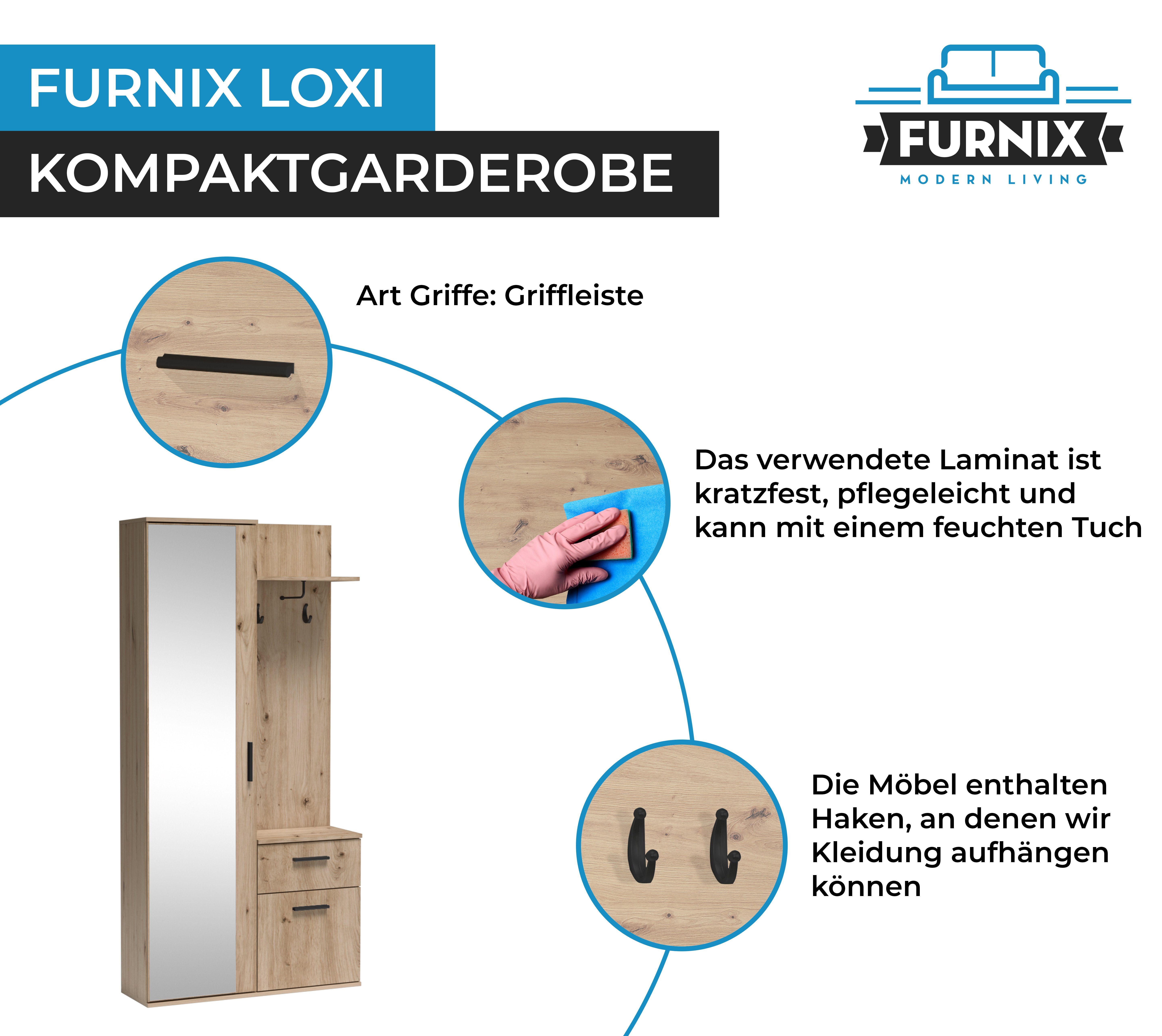 multifunktional Hutablage mit Schuhschrank, Furnix Garderobe Schrank, Spiegel, Schublade, platzsparend LOXI Kompaktgarderobe Artisan