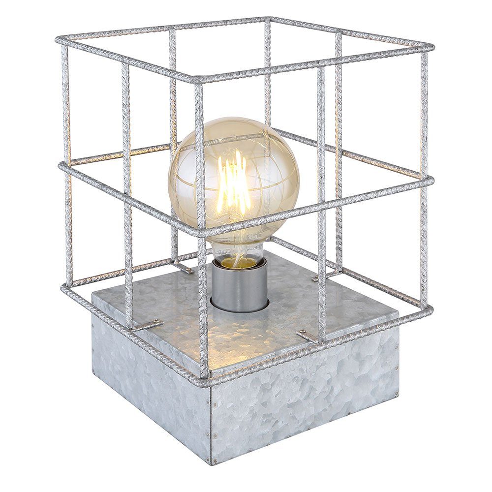 Leuchtmittel inklusive, Käfig Tischleuchte, zinkfarben Betonstahl-Gitter quadratisch nicht Lampe Globo Tischleuchte