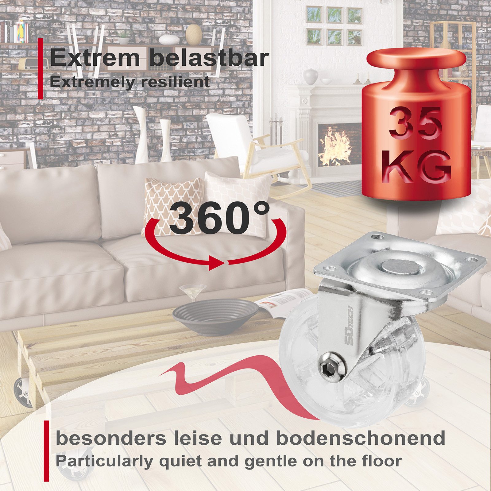 SO-TECH® Möbelrolle Lenkrollen RAPID inkl. Schrauben, belastbar bis 35 kg / St., (Set, 4-St), Durchmesser 50 mm, transparent, ohne Bremse / Feststeller