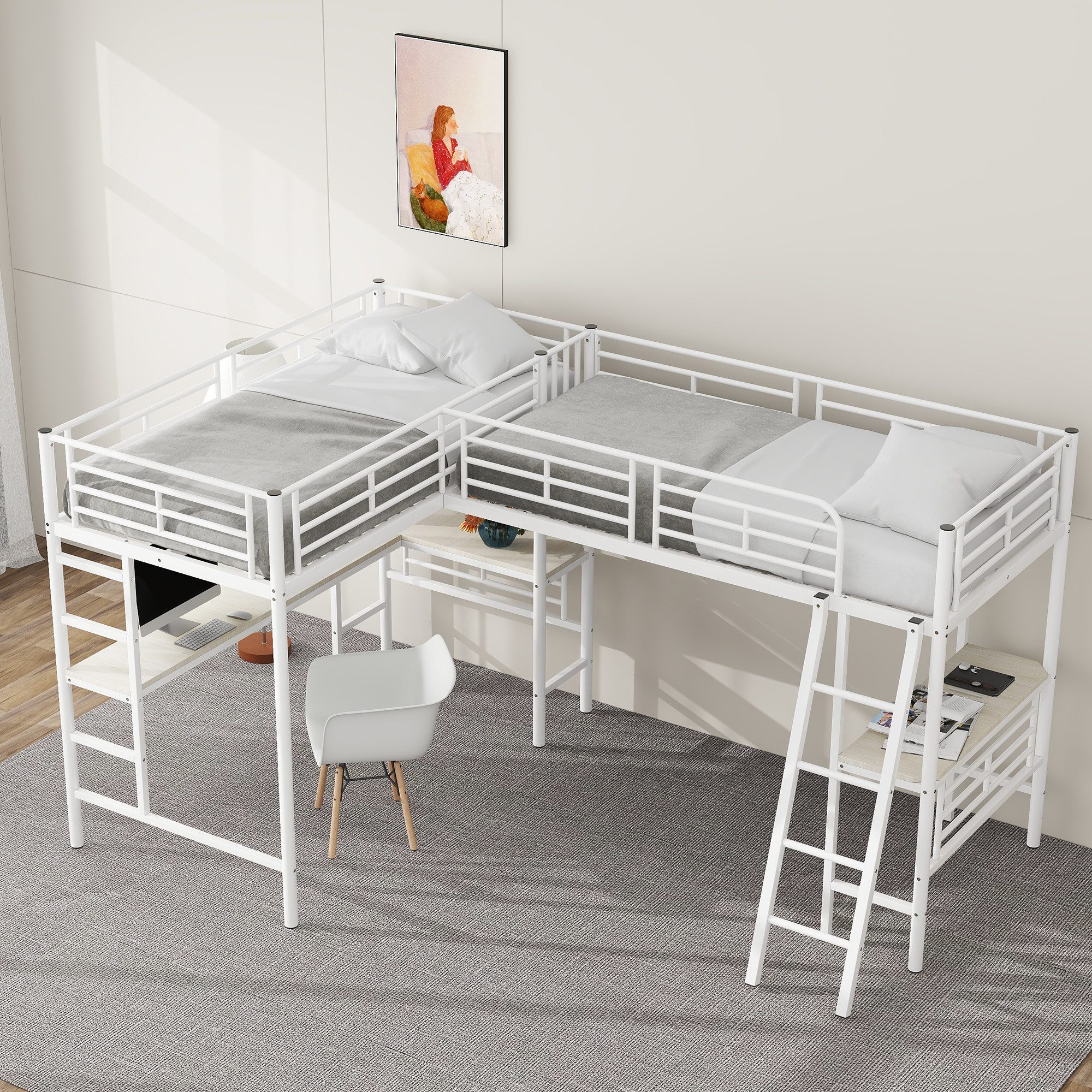 Ulife Etagenbett zwei Hochbett,Tisch unter dem Bett,Doppeltreppe, hohes Geländer,90*200cm*2