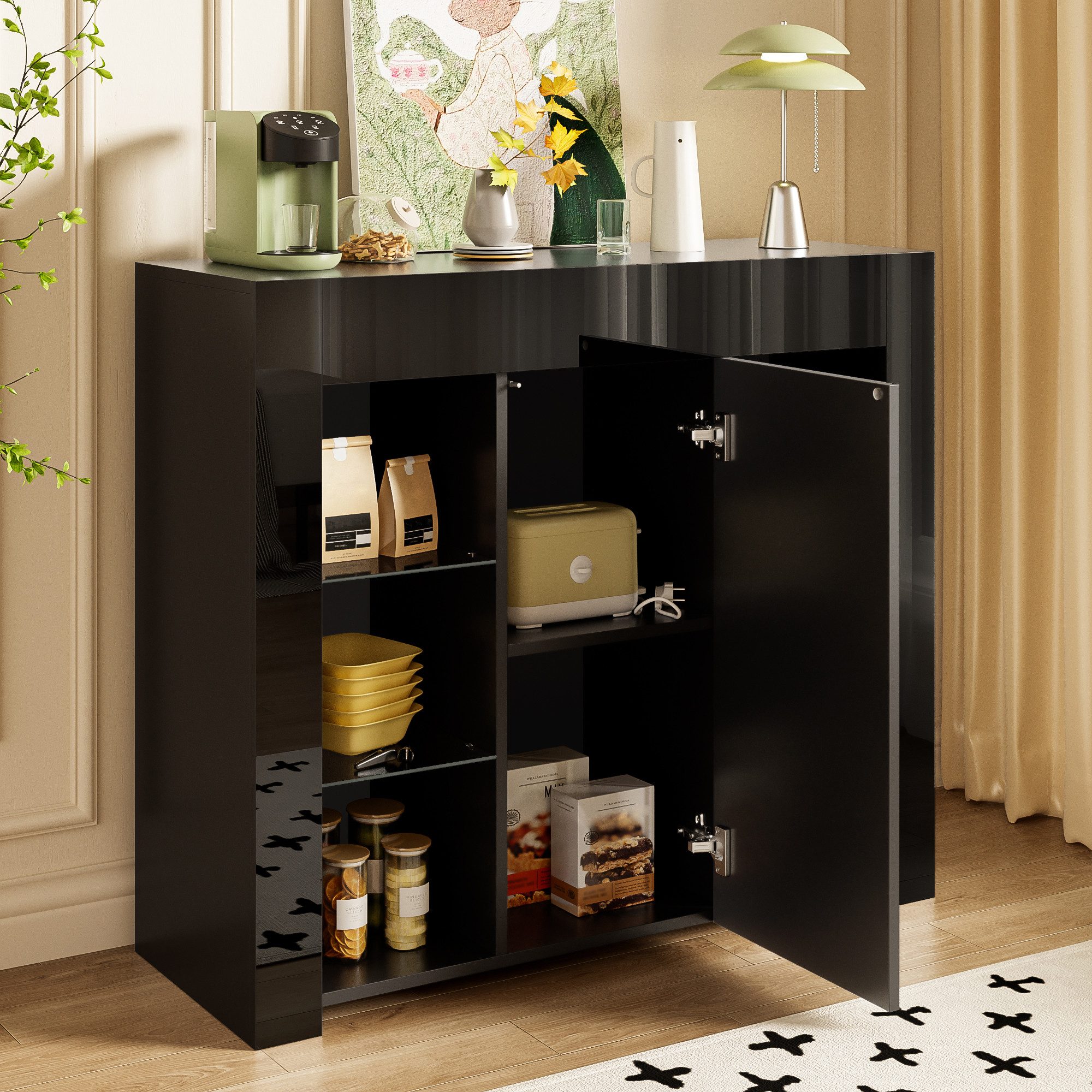 REDOM Sideboard mit transparentem Glasregal (Esszimmerschrank, Anrichte, 1 St., Hochglanzfront & mattem Finish), Glasregal Schranktür,vielseitiger Stauraum