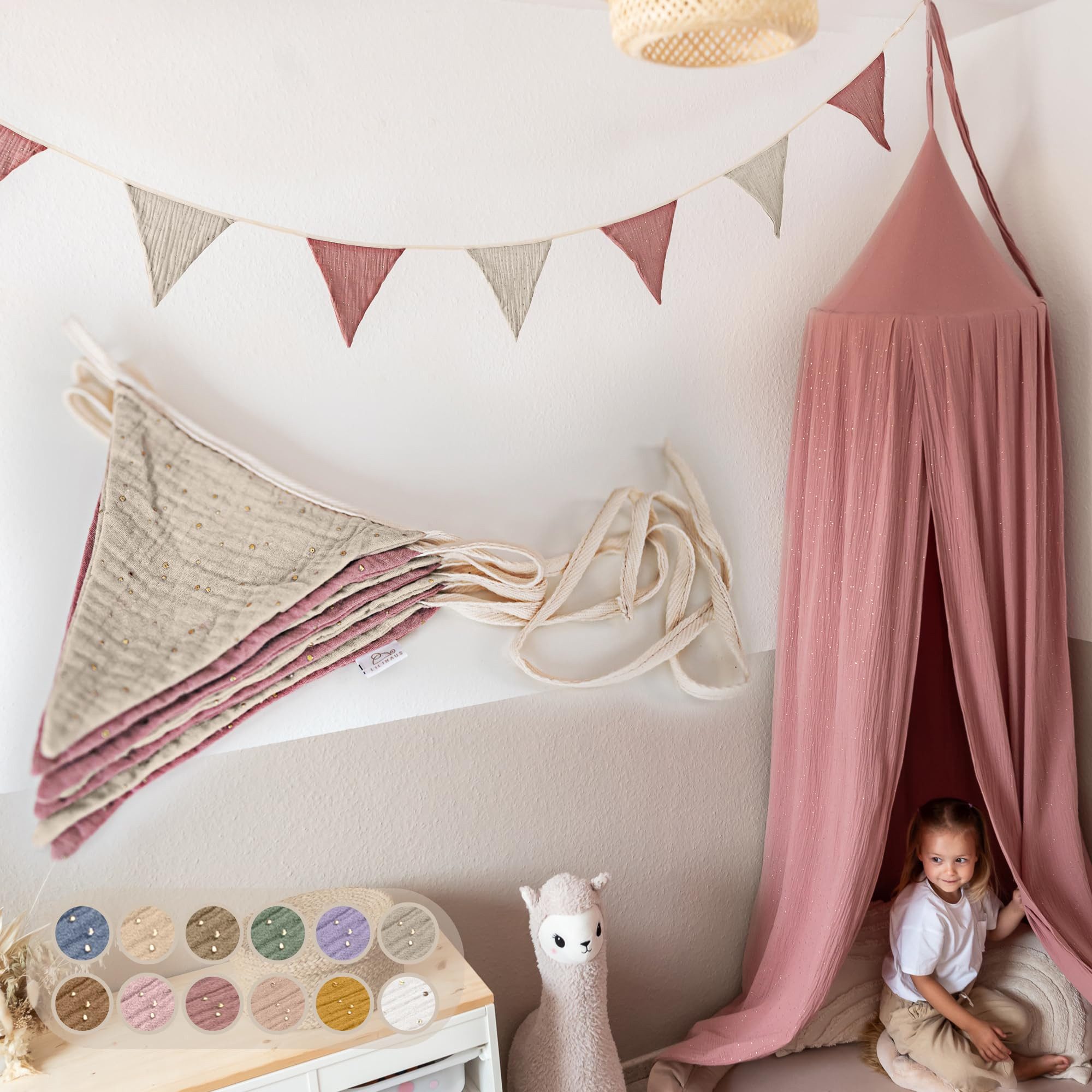 lilimaus Wimpelkette Handgemachte Wimpelkette aus Musselin Kinderzimmer Gold Applikation, Handgemachte Musselin-Wimpelkette für Kinderzimmerdeko
